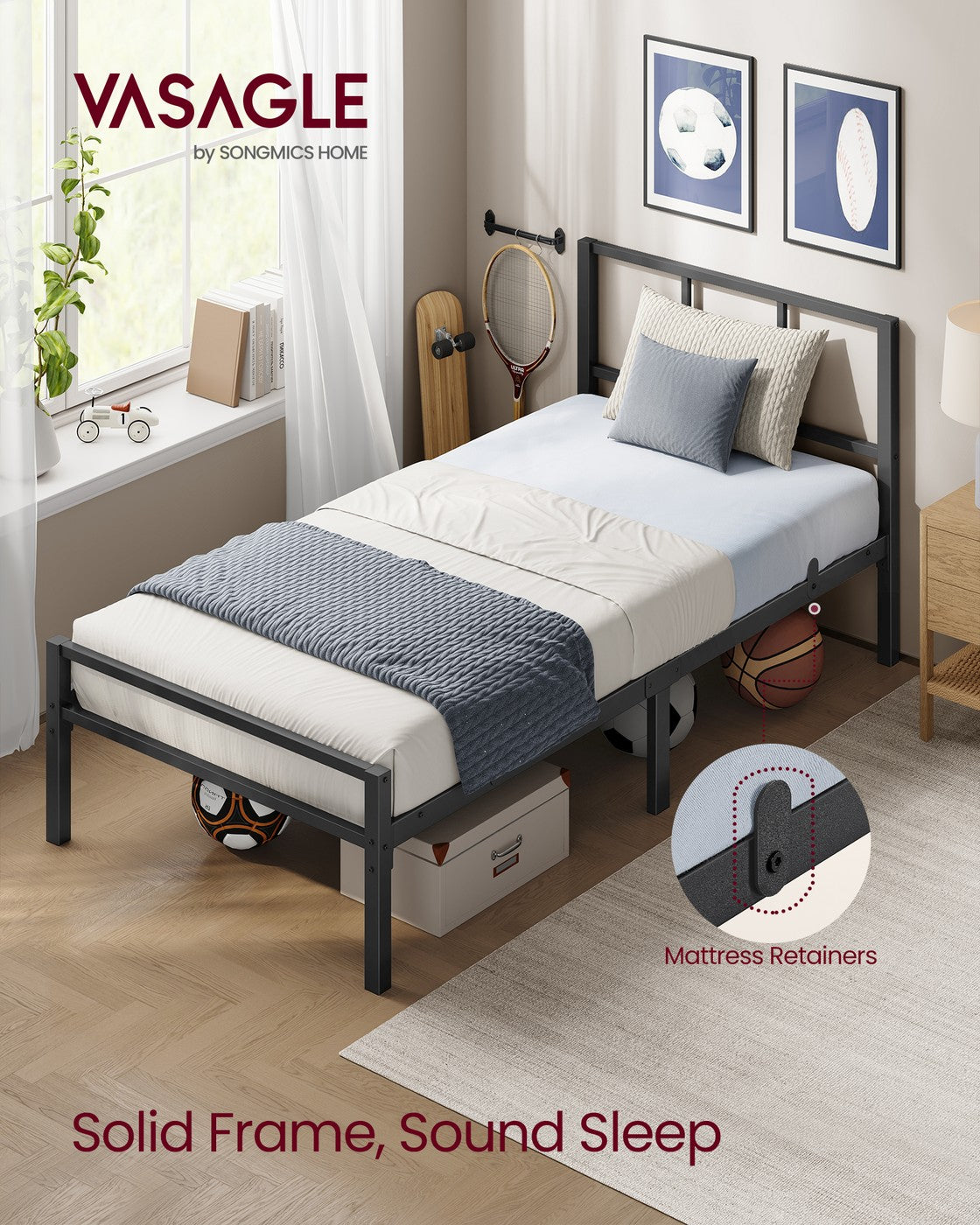 Single Bed Frame - Steel - Ink Black - with Slats and Headboard