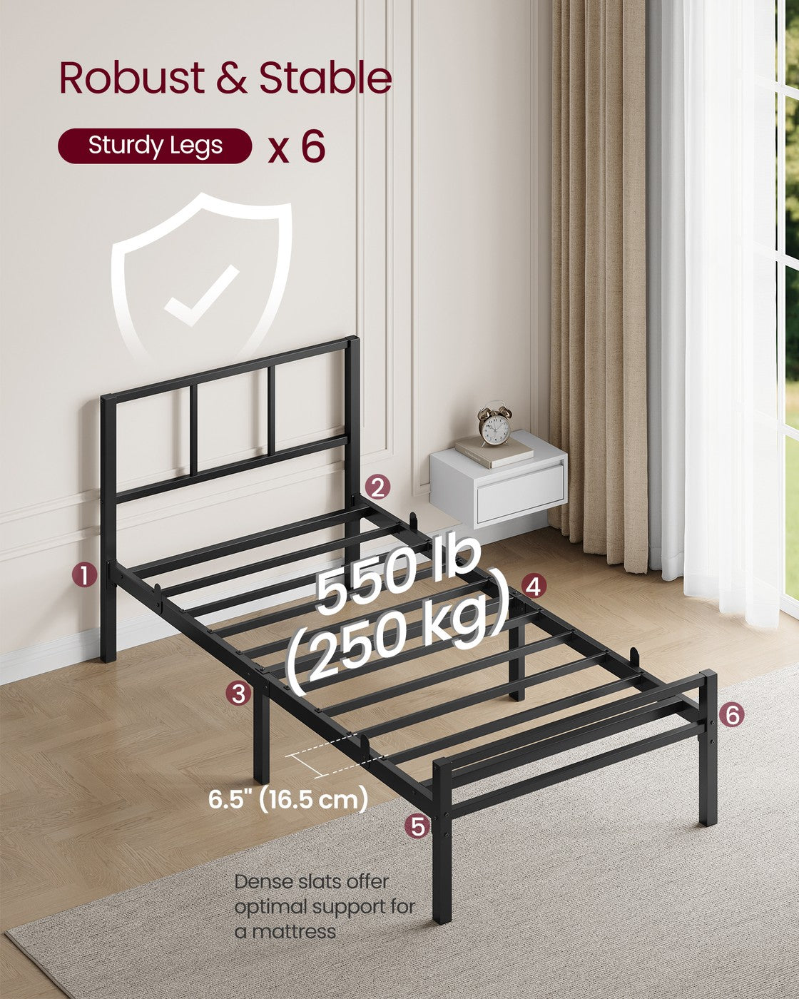 Single Bed Frame - Steel - Ink Black - with Slats and Headboard