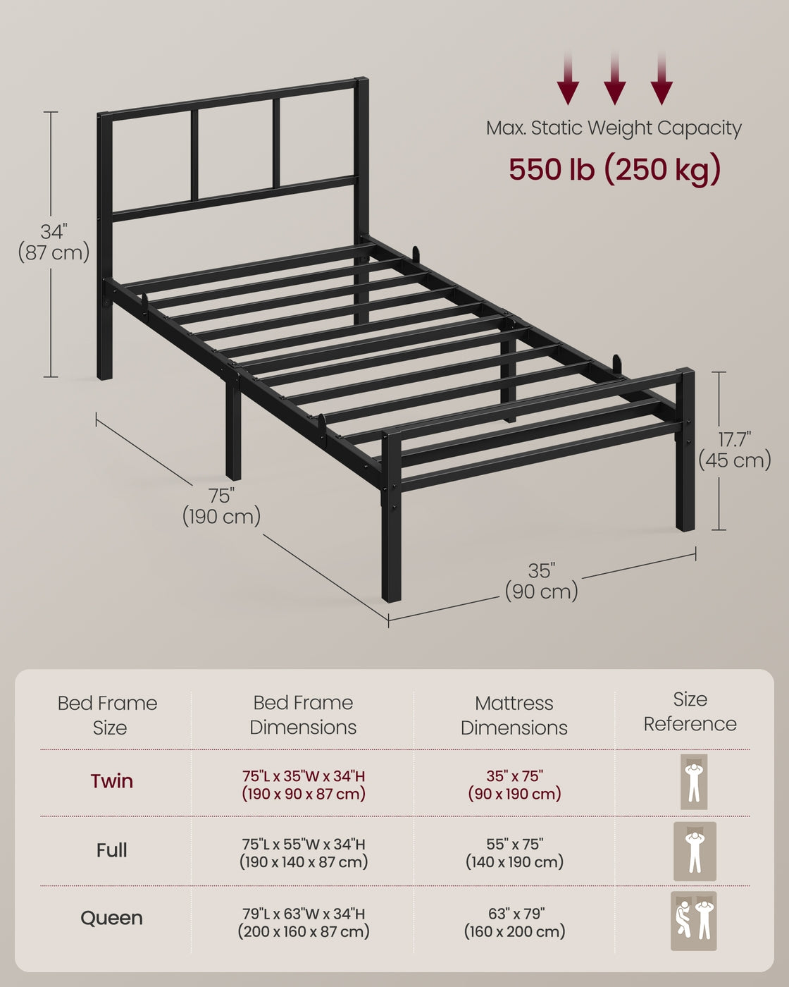 Single Bed Frame - Steel - Ink Black - with Slats and Headboard