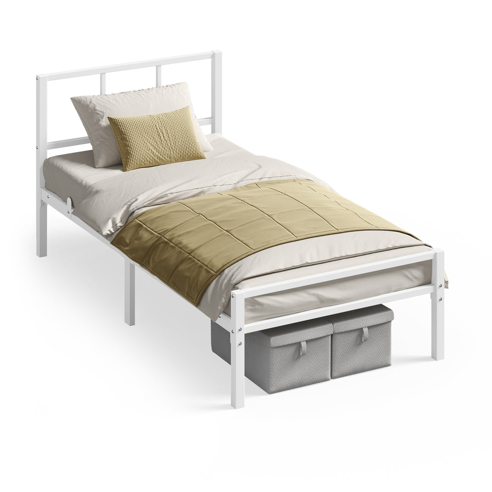 Bed Frame - Steel - Matte White - with Slats and Headboard