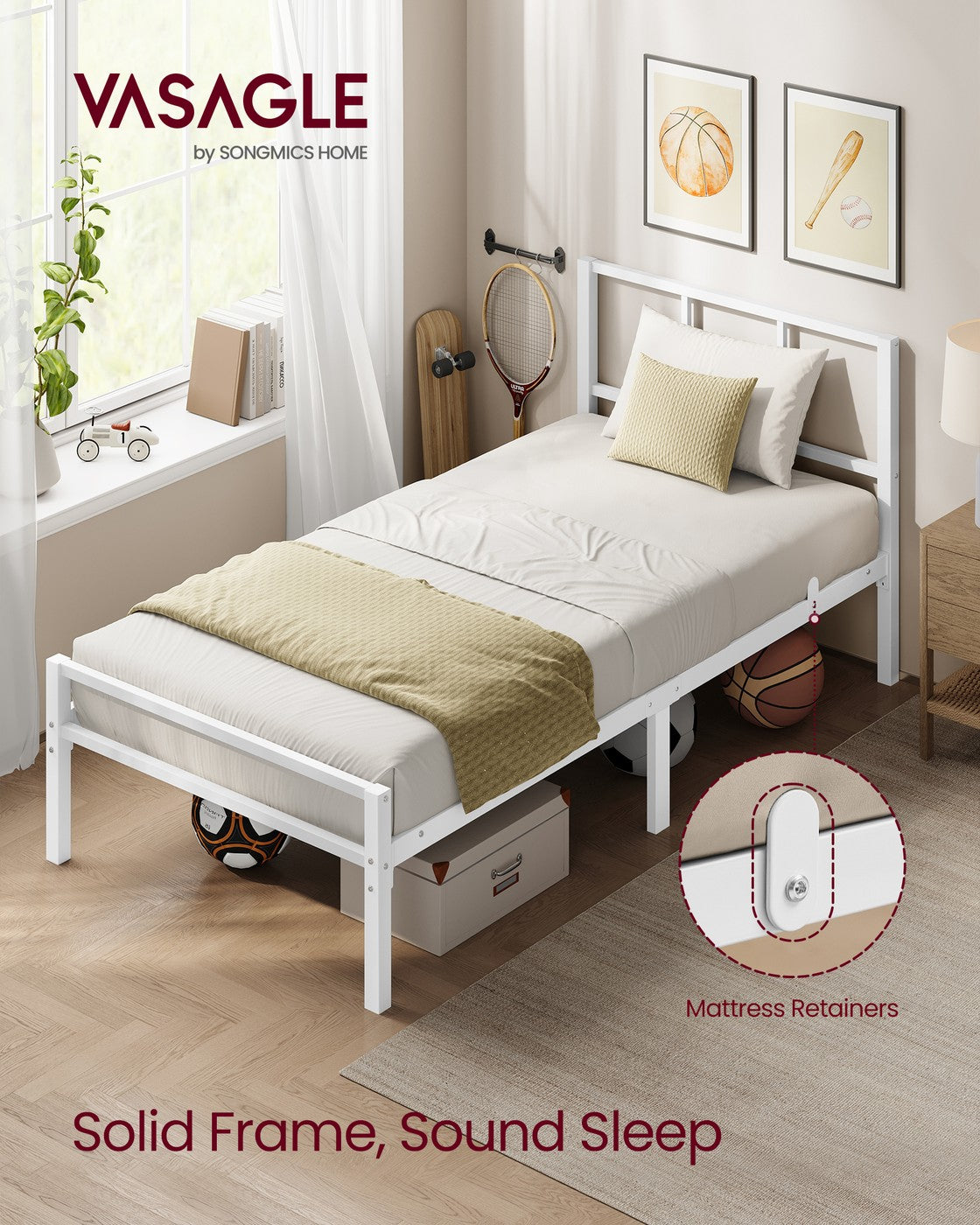 Bed Frame - Steel - Matte White - with Slats and Headboard