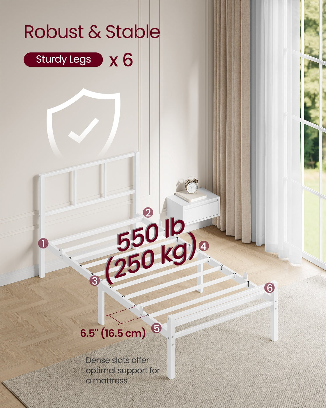 Bed Frame - Steel - Matte White - with Slats and Headboard