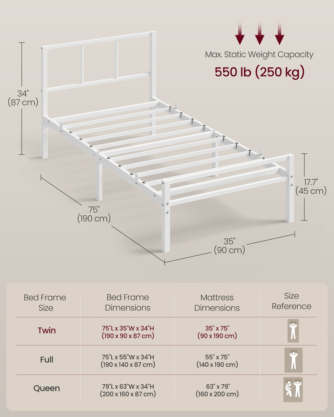 Bed Frame - Steel - Matte White - with Slats and Headboard