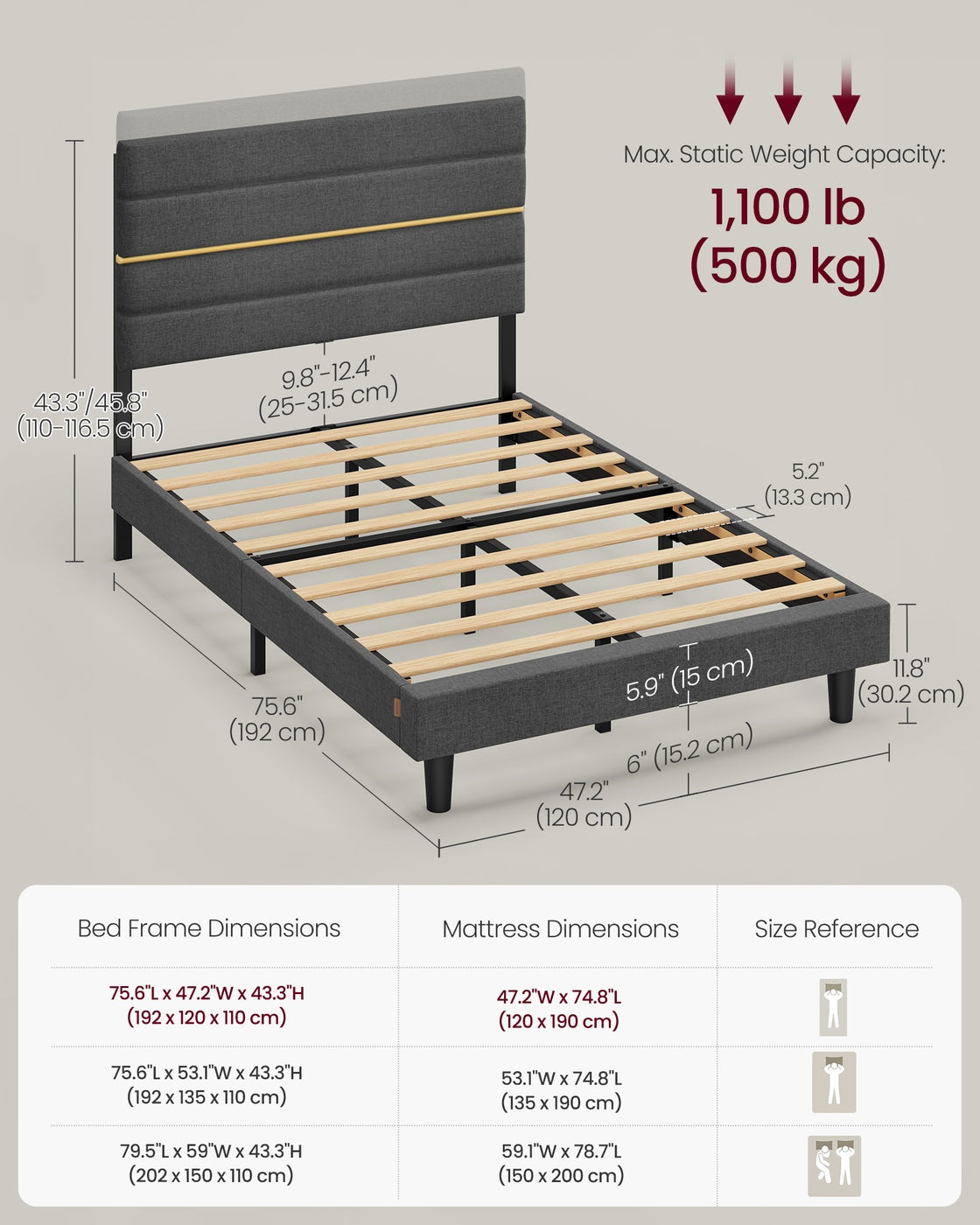 Small Double Bed Frame - 120 x 190 - Metal - Adjustable Headboard