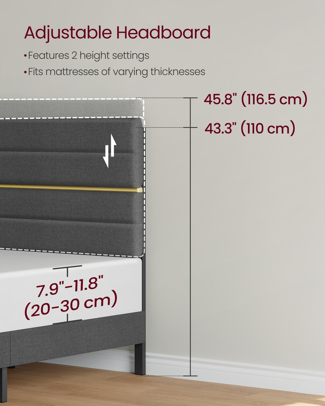 Small Double Bed Frame - 120 x 190 - Metal - Adjustable Headboard