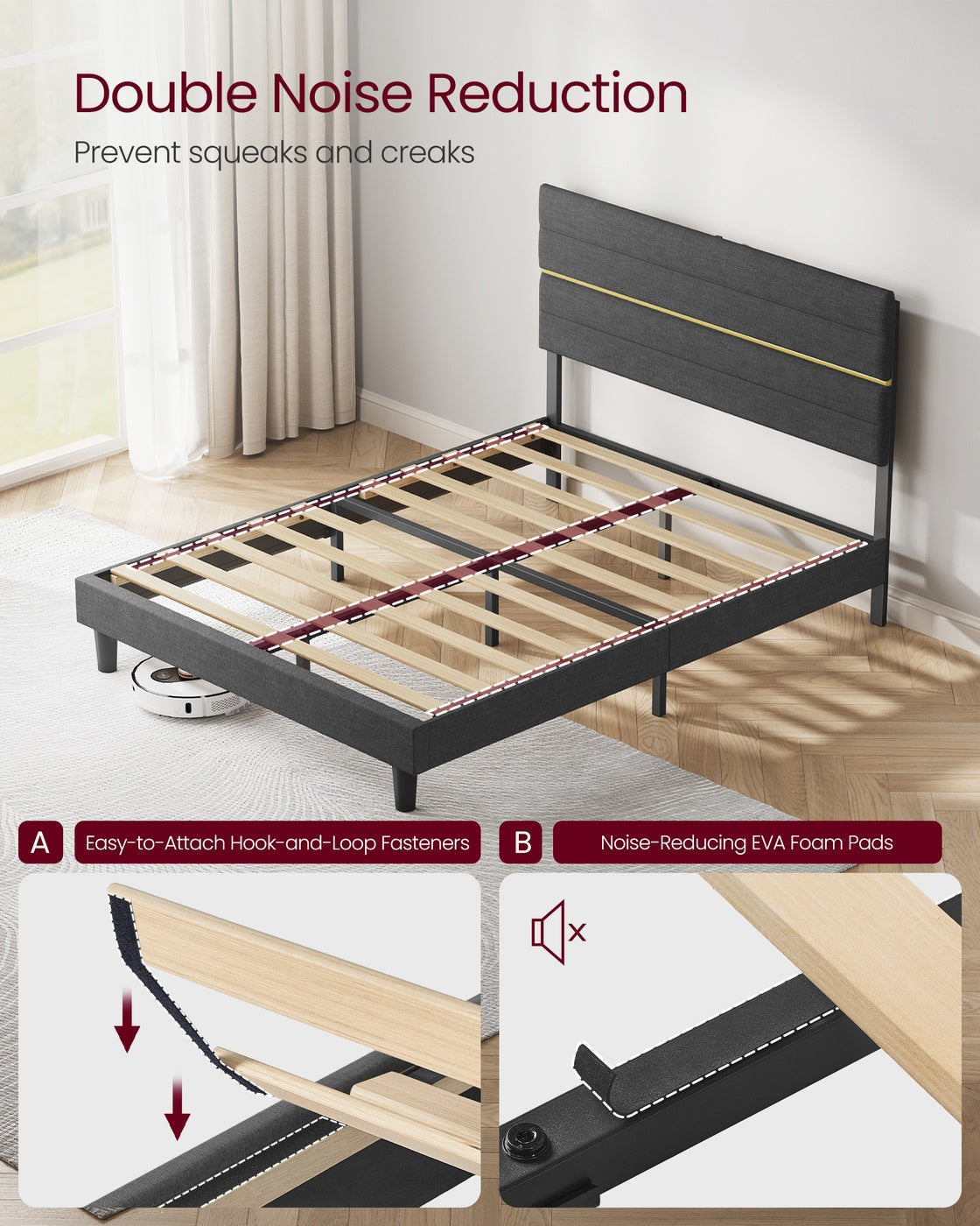 Double Bed Frame - 120L - Metal - Adjustable Headboard