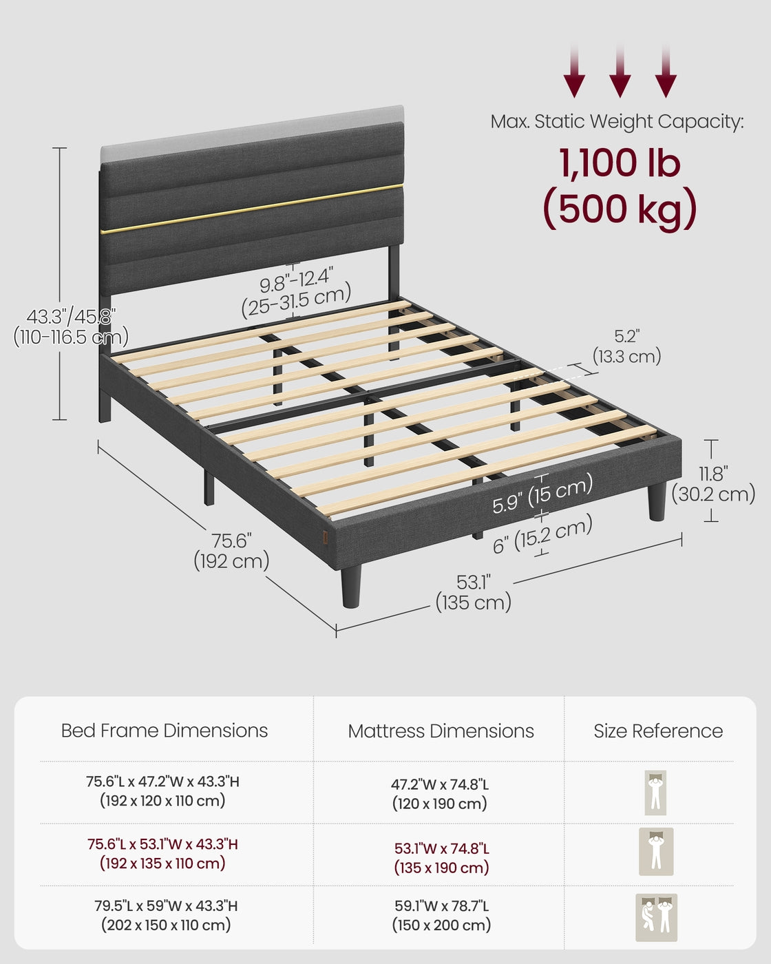 Double Bed Frame - 120L - Metal - Adjustable Headboard