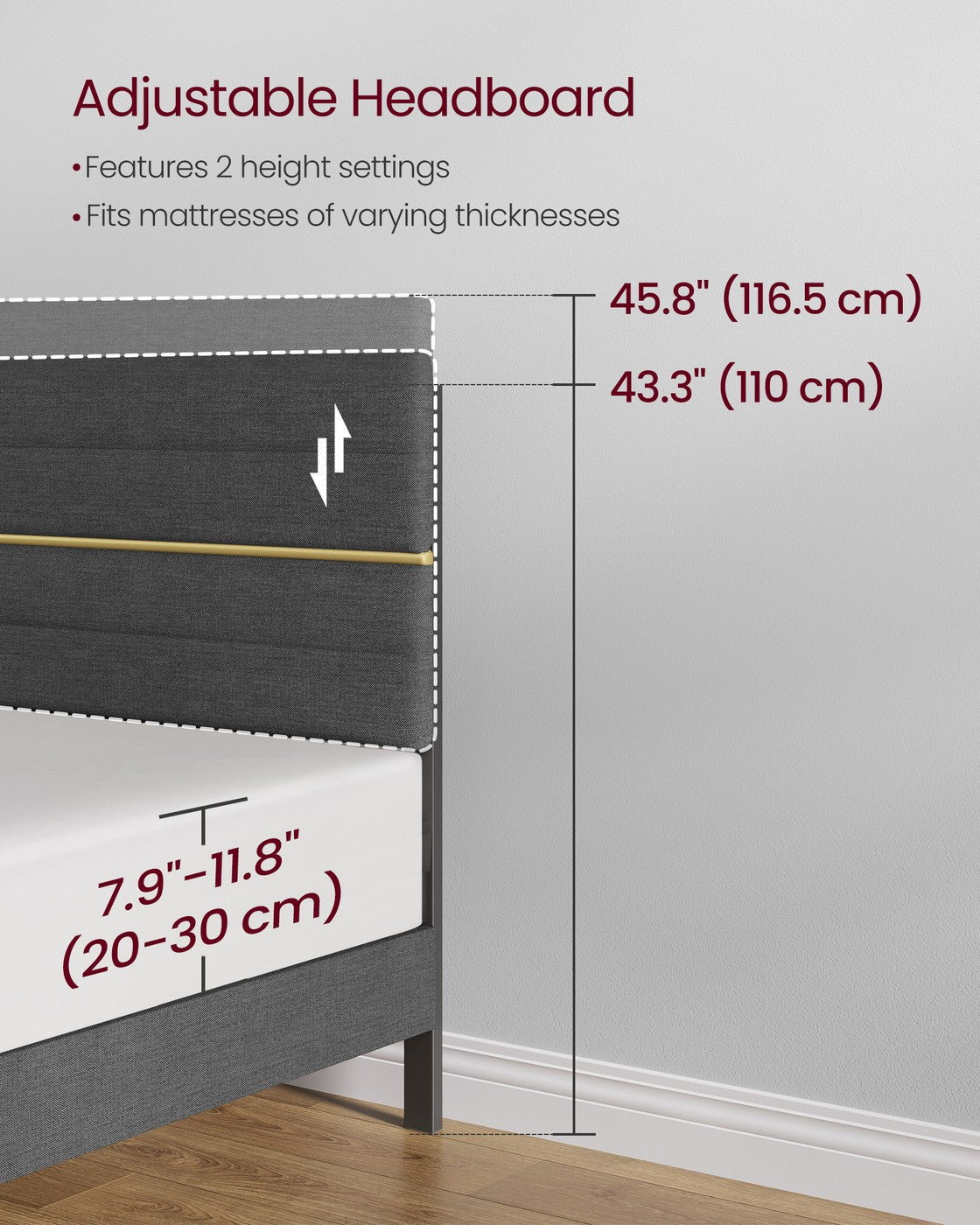 Double Bed Frame - 120L - Metal - Adjustable Headboard