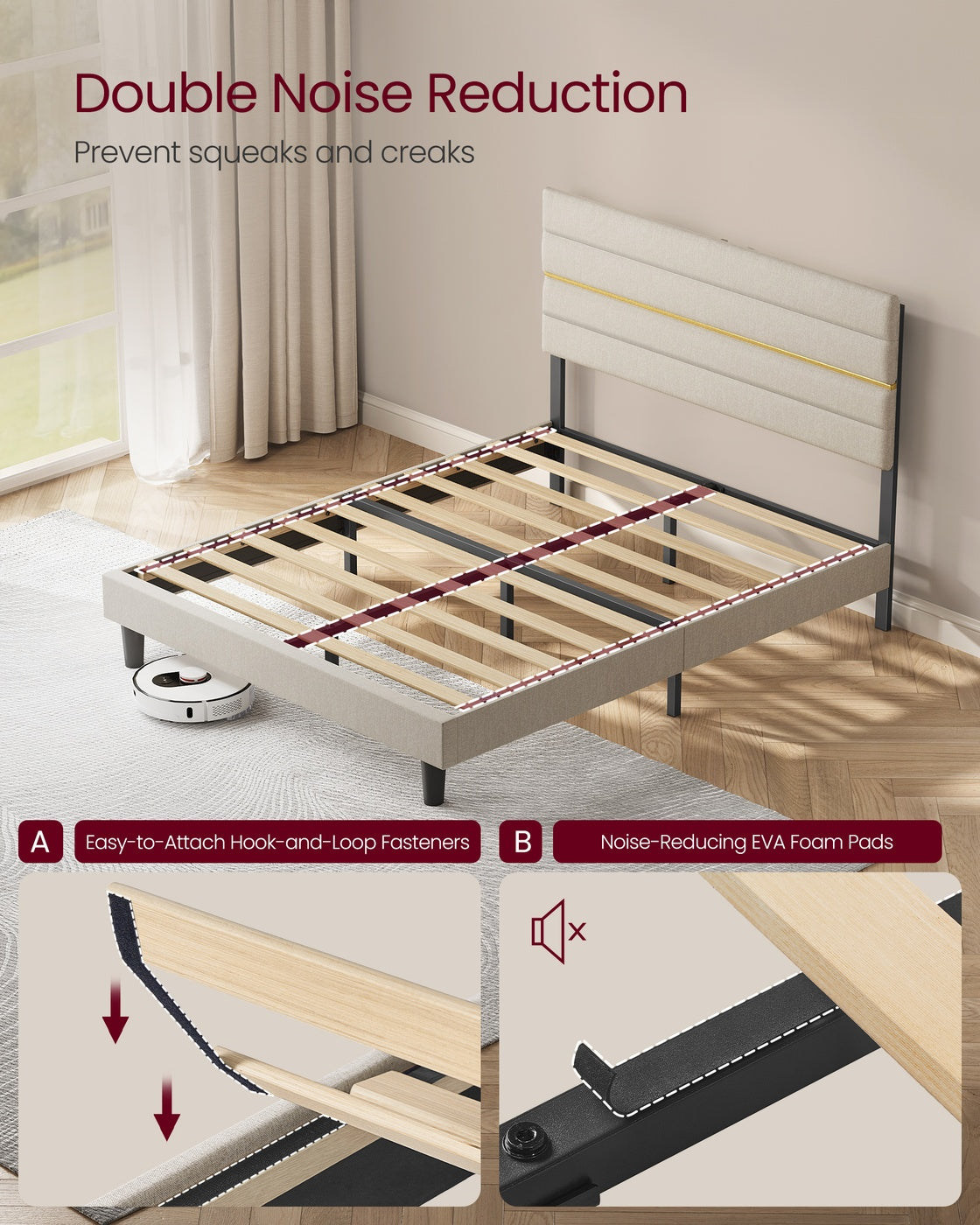 Double Bed Frame - 120x190 - Steel - Adjustable Upholstered Headboard