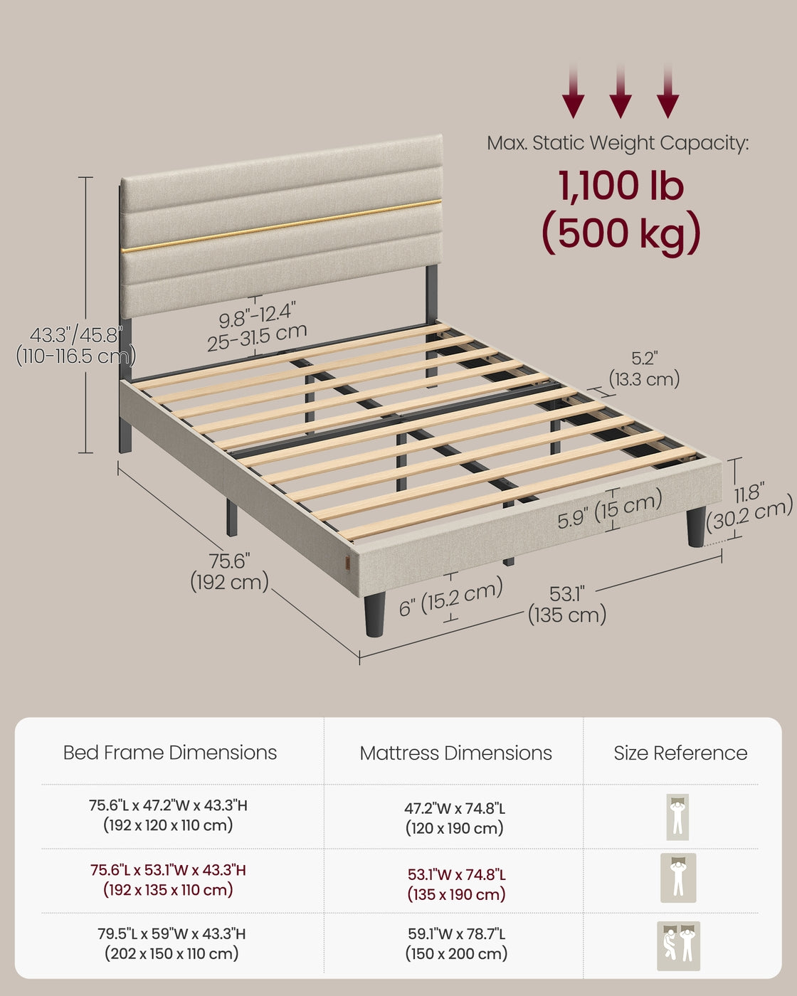 Double Bed Frame - 120x190 - Steel - Adjustable Upholstered Headboard