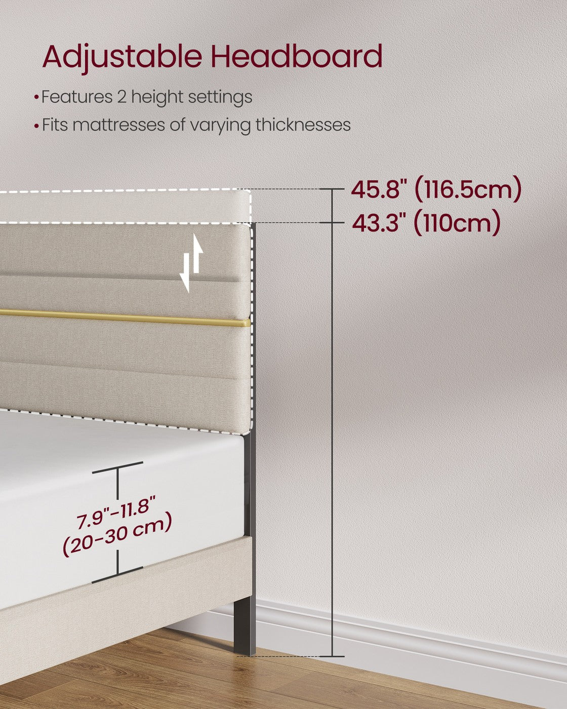 Double Bed Frame - 120x190 - Steel - Adjustable Upholstered Headboard