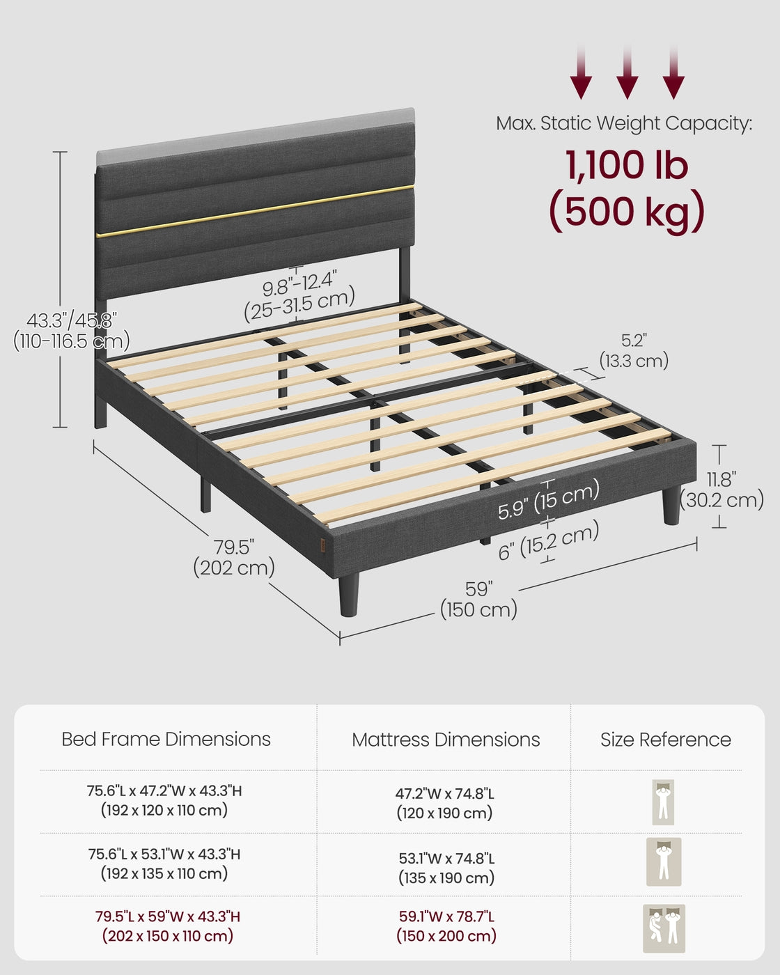 King Bed Frame - Metal - Suitable for 120x190 cm Mattress