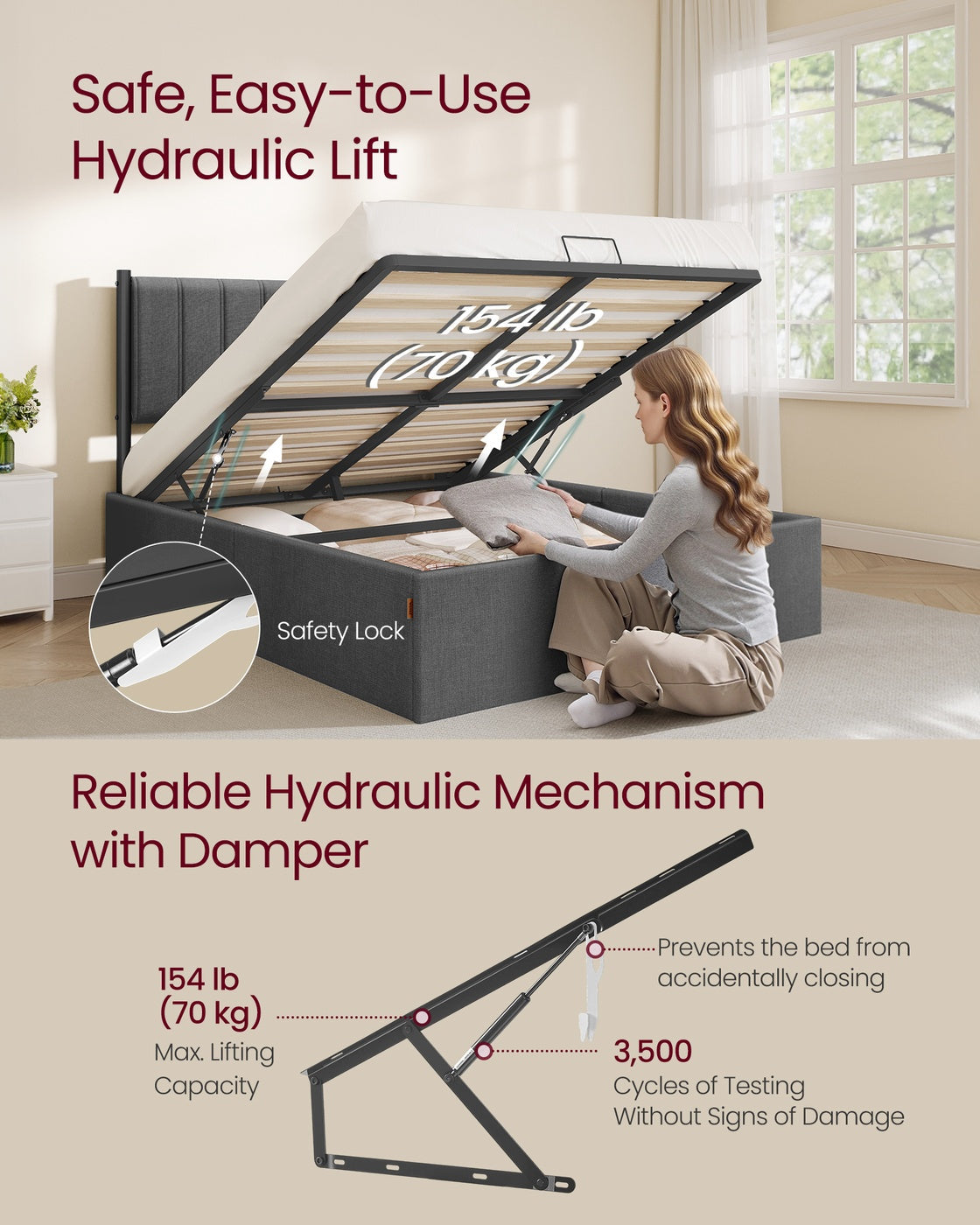 Double Bed Frame - 135 x 190 - Steel - Ottoman Lift-Up Storage