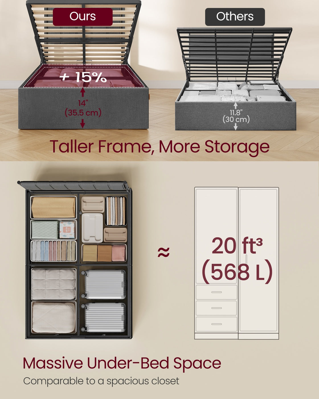 Double Bed Frame - 135 x 190 - Steel - Ottoman Lift-Up Storage