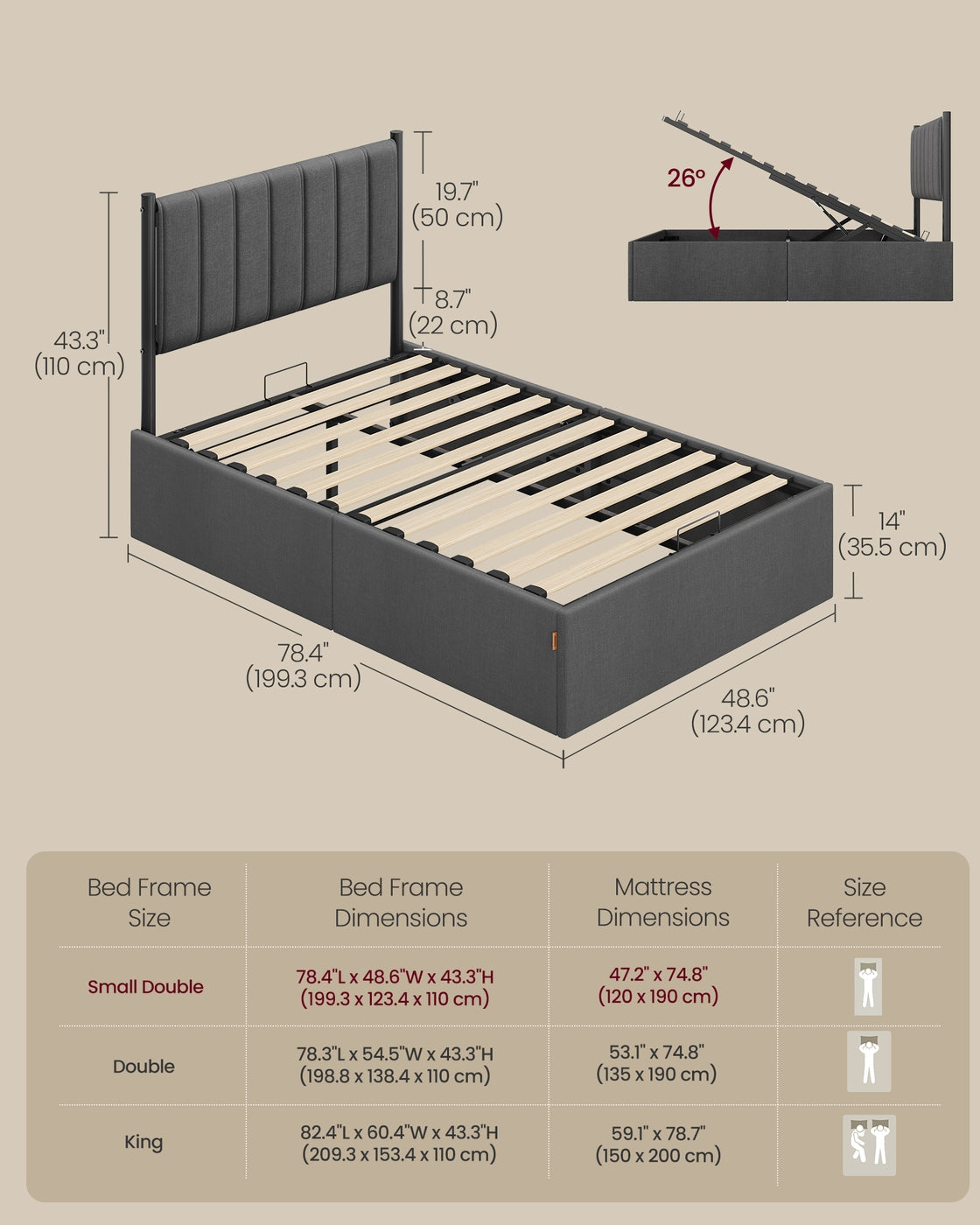 Double Bed Frame - 135 x 190 - Steel - Ottoman Lift-Up Storage