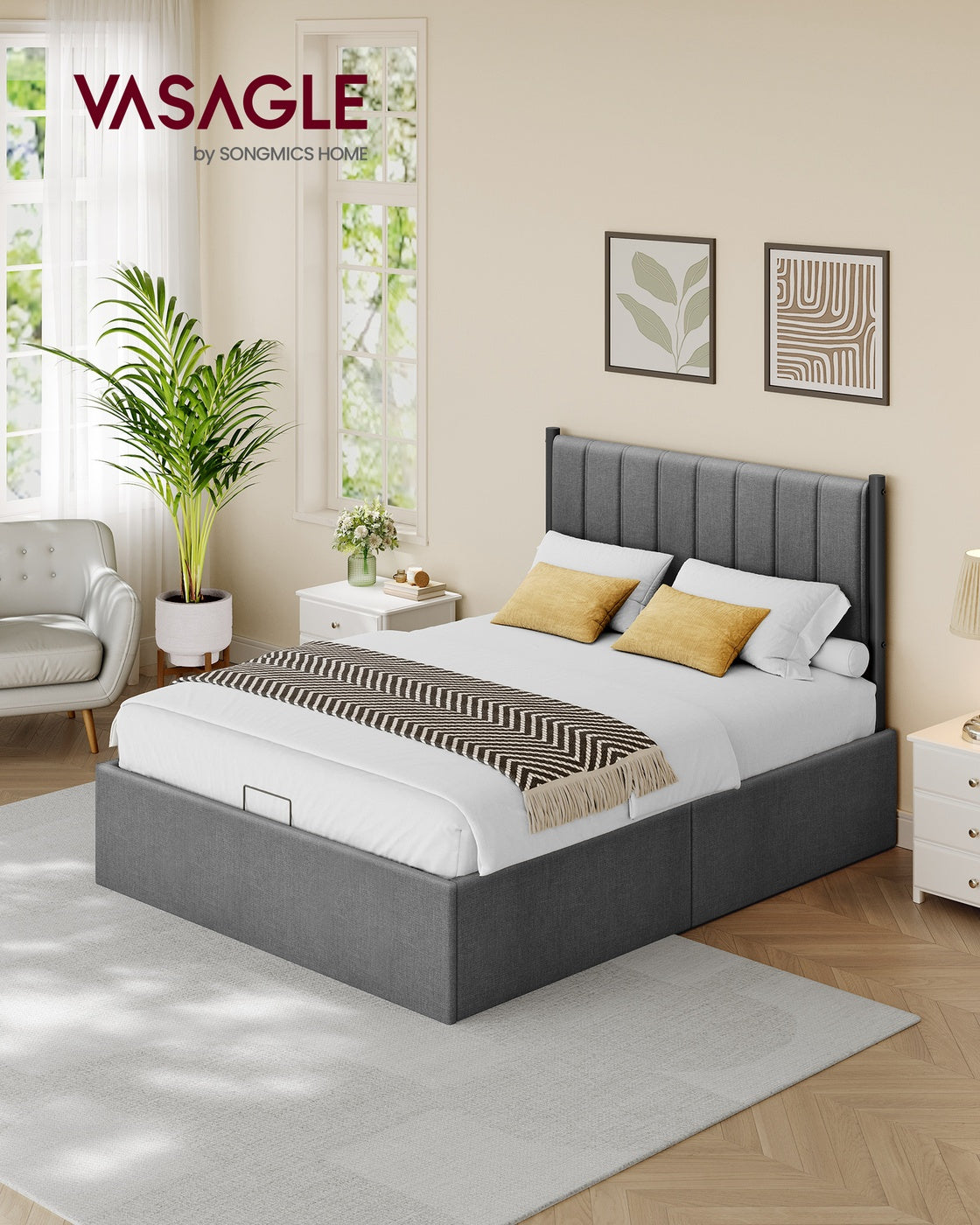 Double Bed Frame - 135 x 190 - Steel - Ottoman with Lift-Up Storage