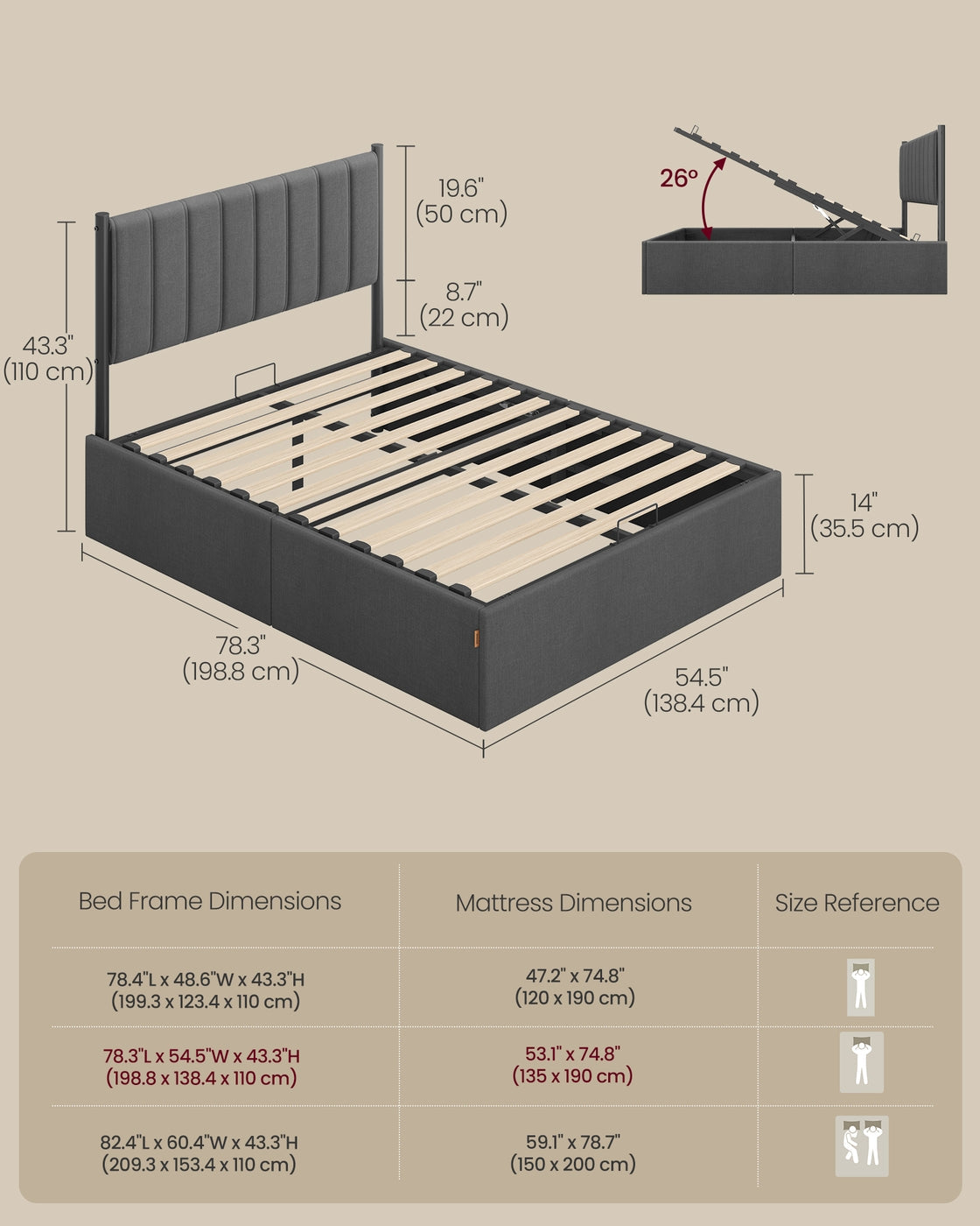 Double Bed Frame - 135 x 190 - Steel - Ottoman with Lift-Up Storage