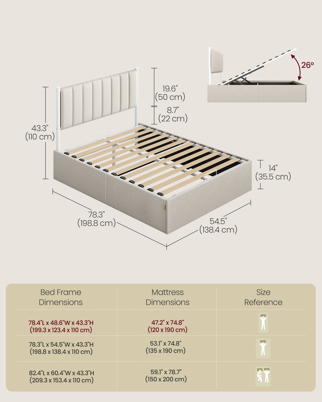 Double Bed Frame - 135 x 190 - Steel - Ottoman with Lift-Up Storage
