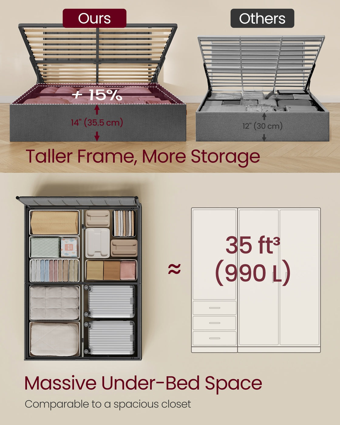 King Bed Frame - 150L - Steel - Lift-Up Storage