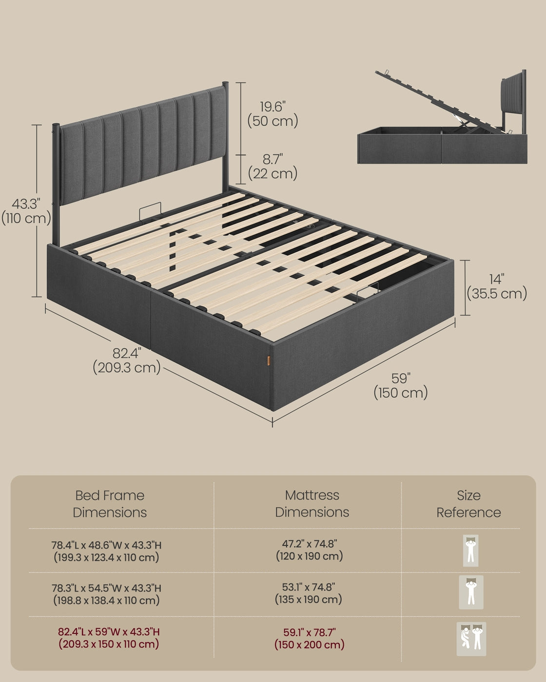King Bed Frame - 150L - Steel - Lift-Up Storage