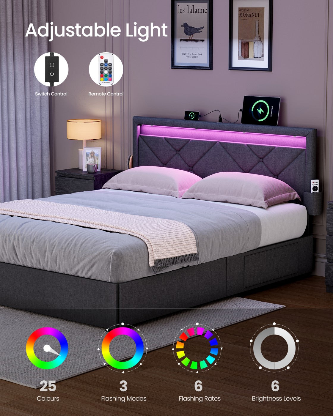 Double Bed Frame - 78.8" x 56.7" - Steel - LED Lights