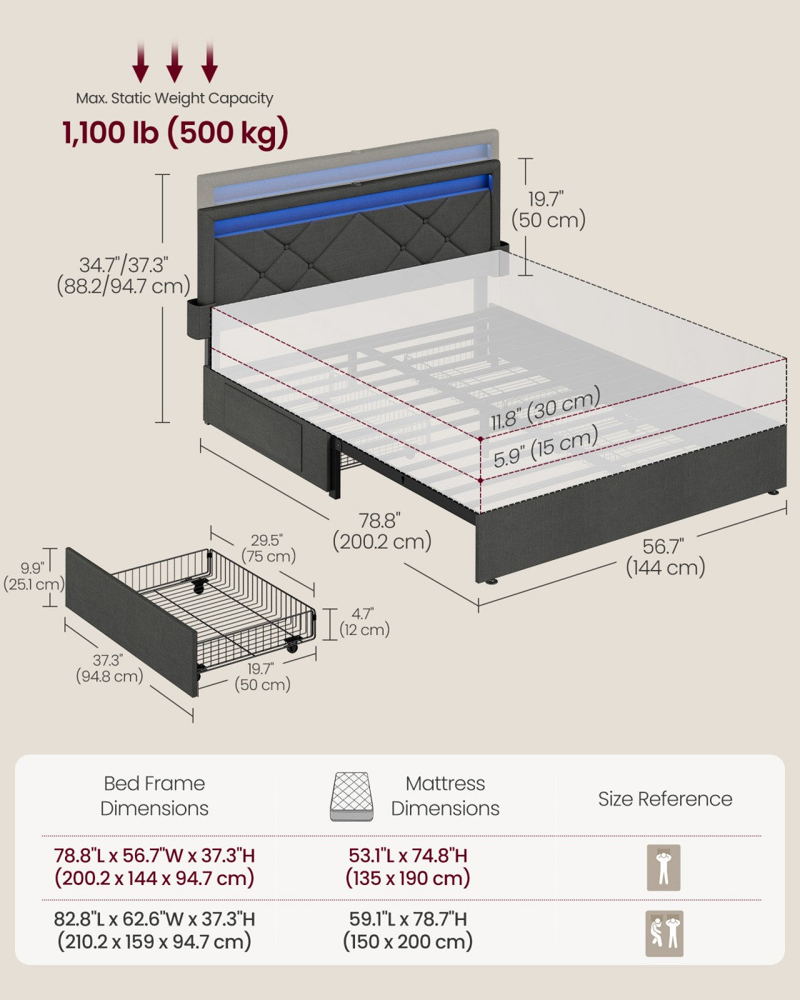 Double Bed Frame - 78.8" x 56.7" - Steel - LED Lights
