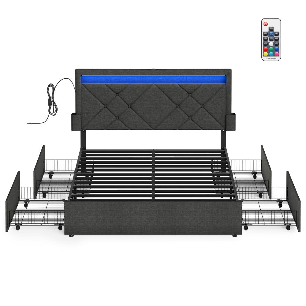 King Bed Frame - 500L - Steel - LED Lights