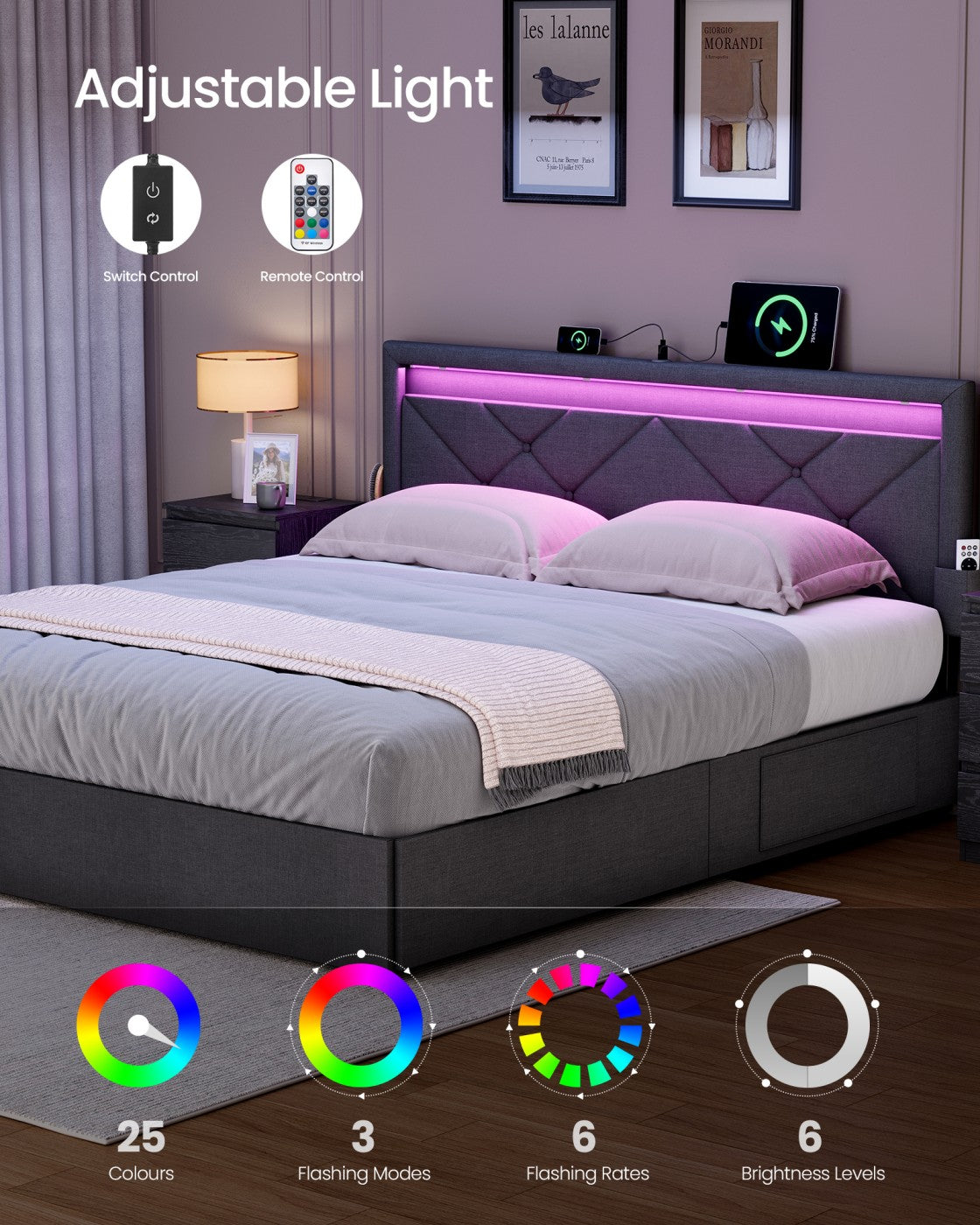 King Bed Frame - 500L - Steel - LED Lights