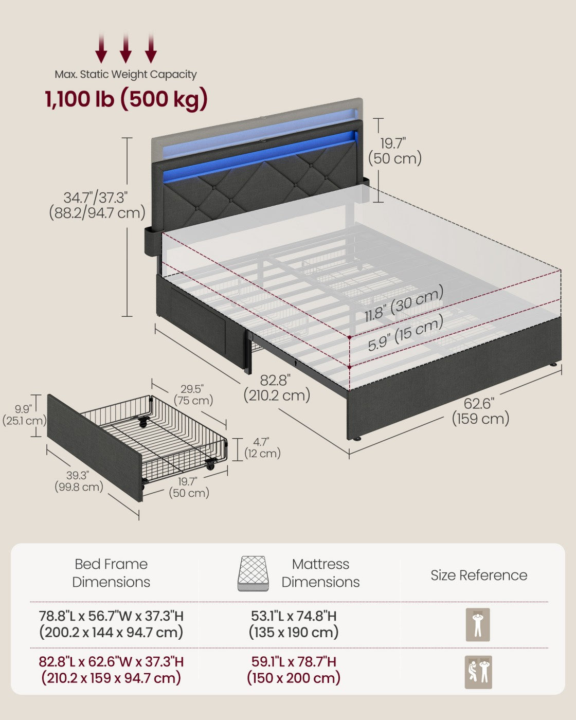 King Bed Frame - 500L - Steel - LED Lights