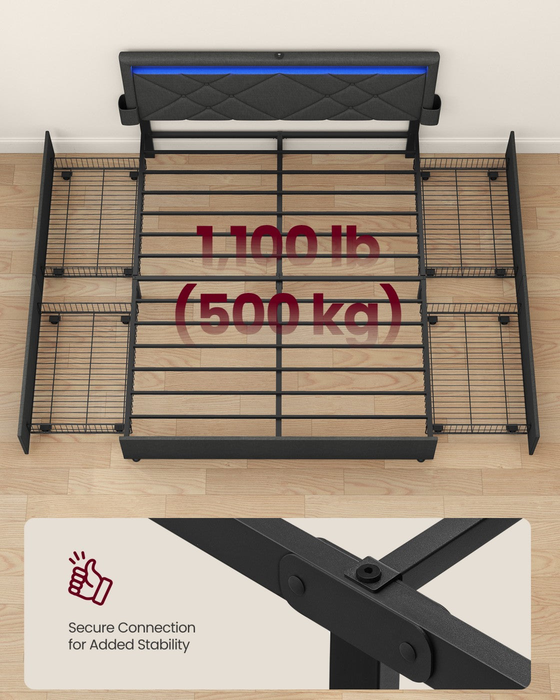 King Bed Frame - 500L - Steel - LED Lights