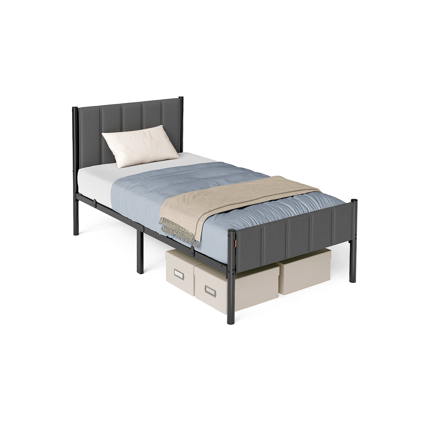 Metal Single Bed Frame - Slate Grey - Upholstered Headboard