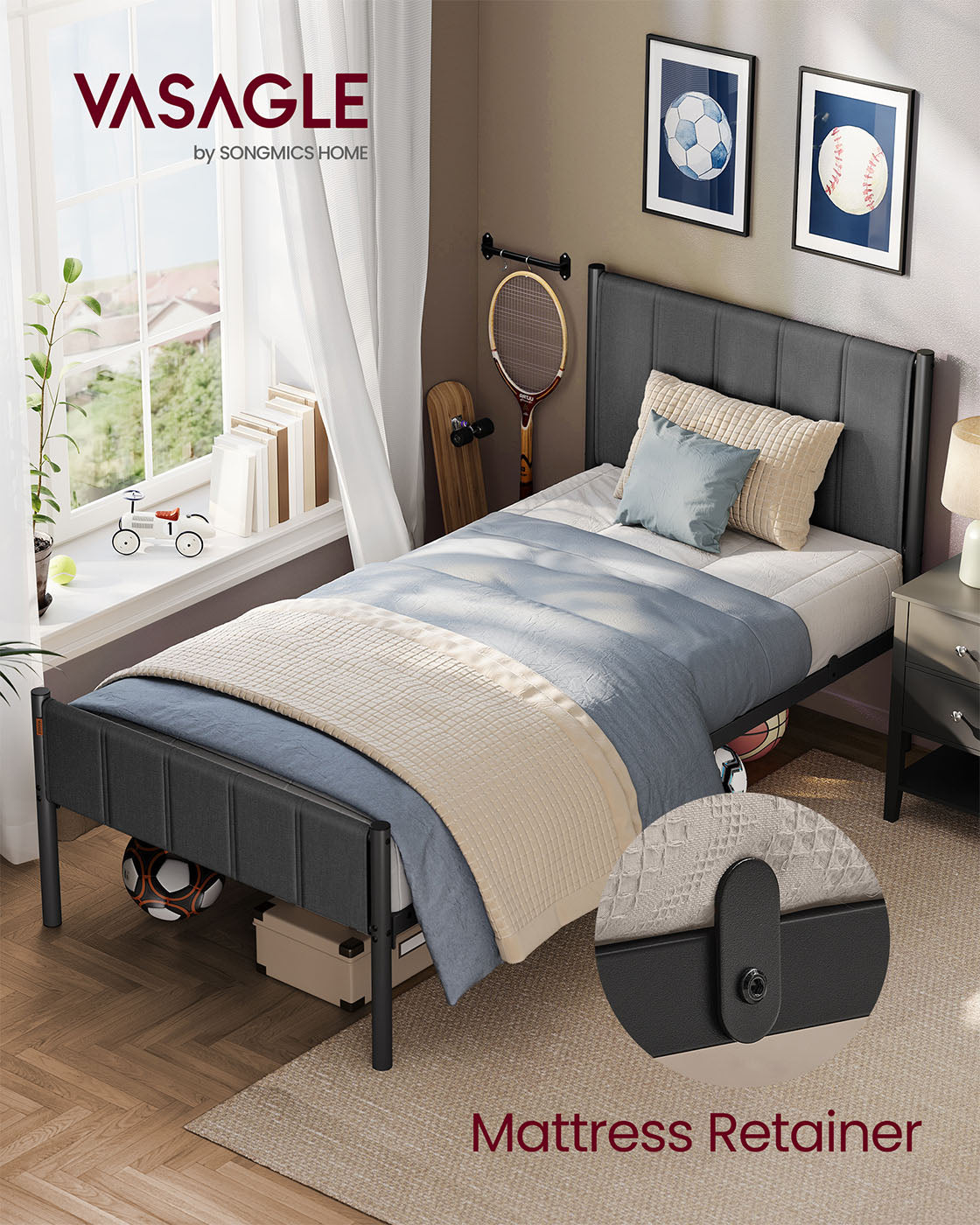 Metal Single Bed Frame - Slate Grey - Upholstered Headboard