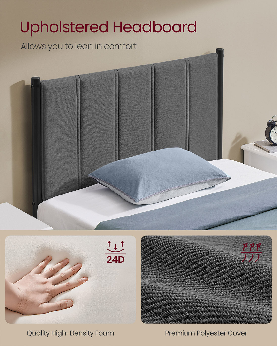Metal Single Bed Frame - Slate Grey - Upholstered Headboard