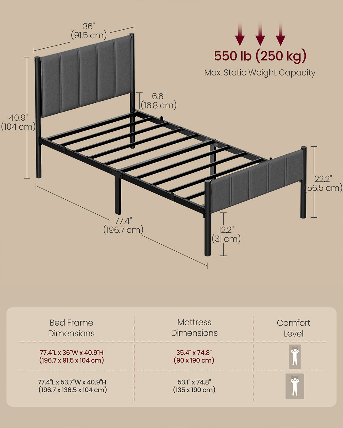 Metal Single Bed Frame - Slate Grey - Upholstered Headboard