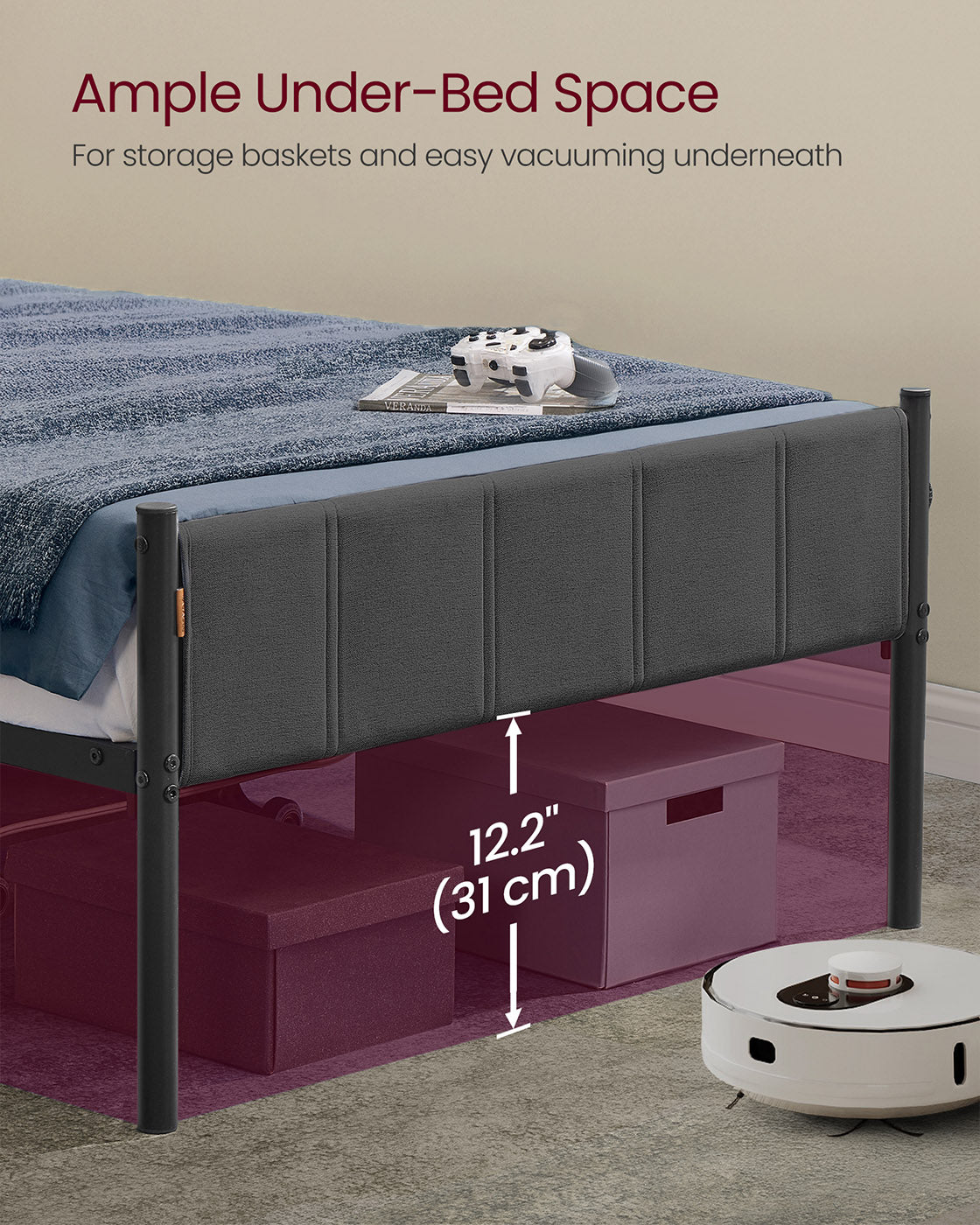 Metal Single Bed Frame - Slate Grey - Upholstered Headboard