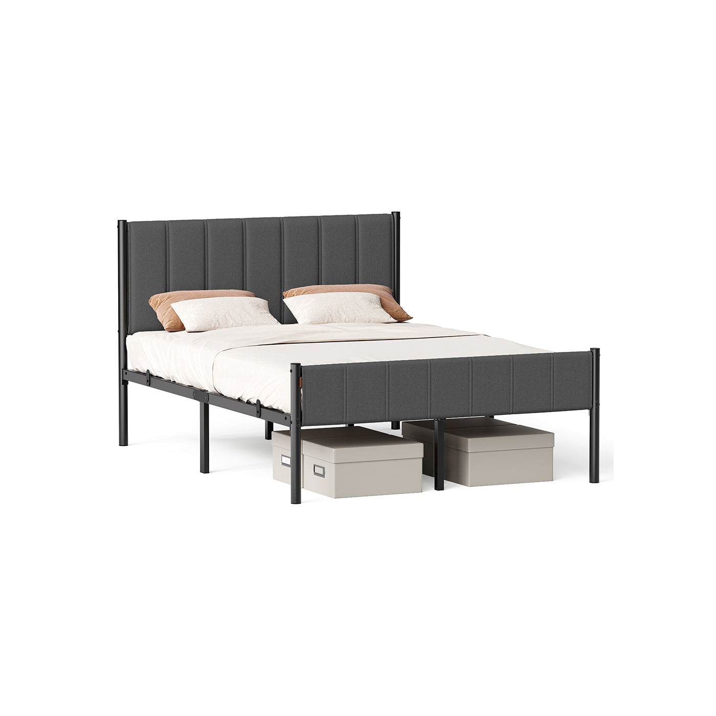 Double Bed Frame - Metal - Slate Grey - Upholstered Headboard