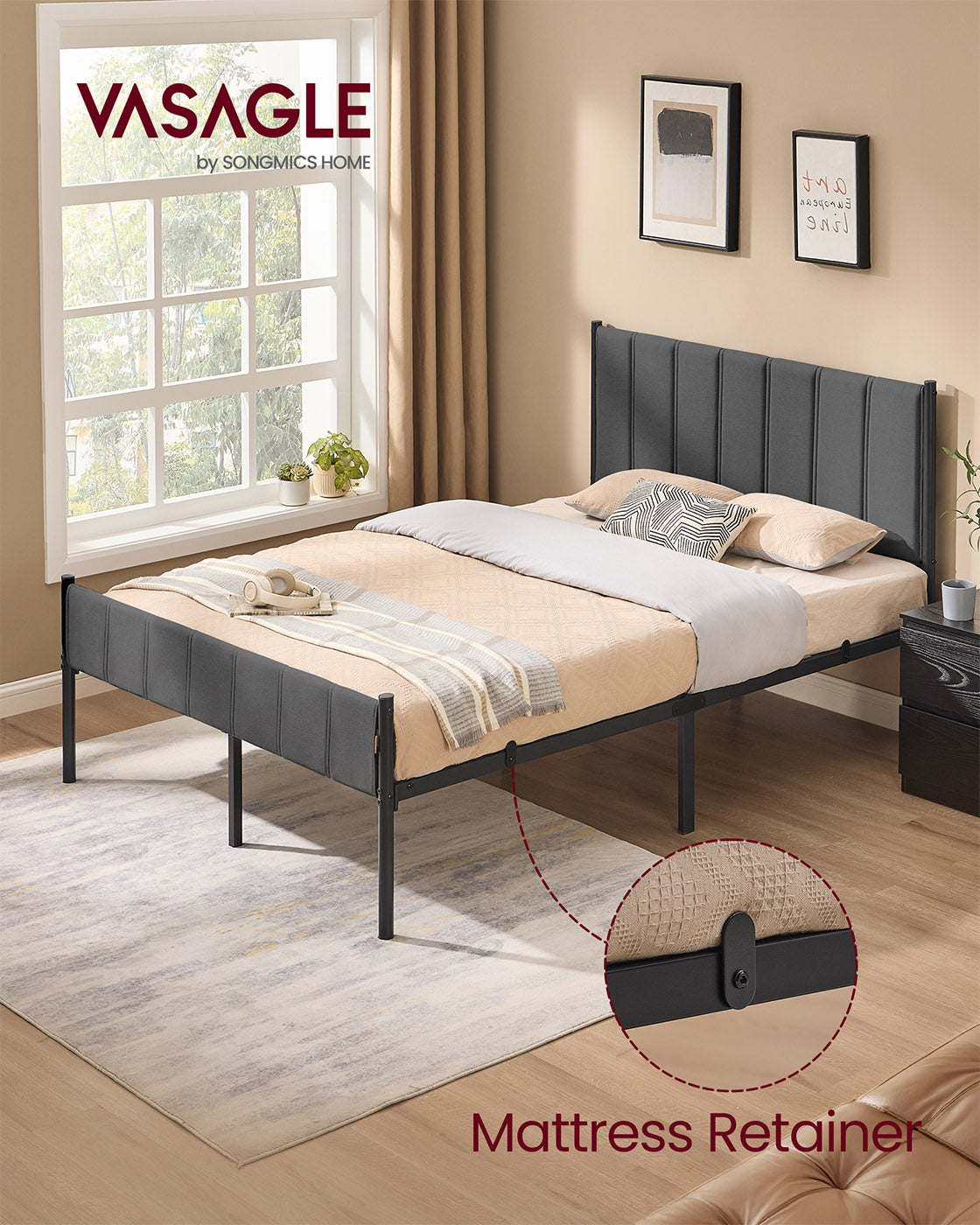 Double Bed Frame - Metal - Slate Grey - Upholstered Headboard