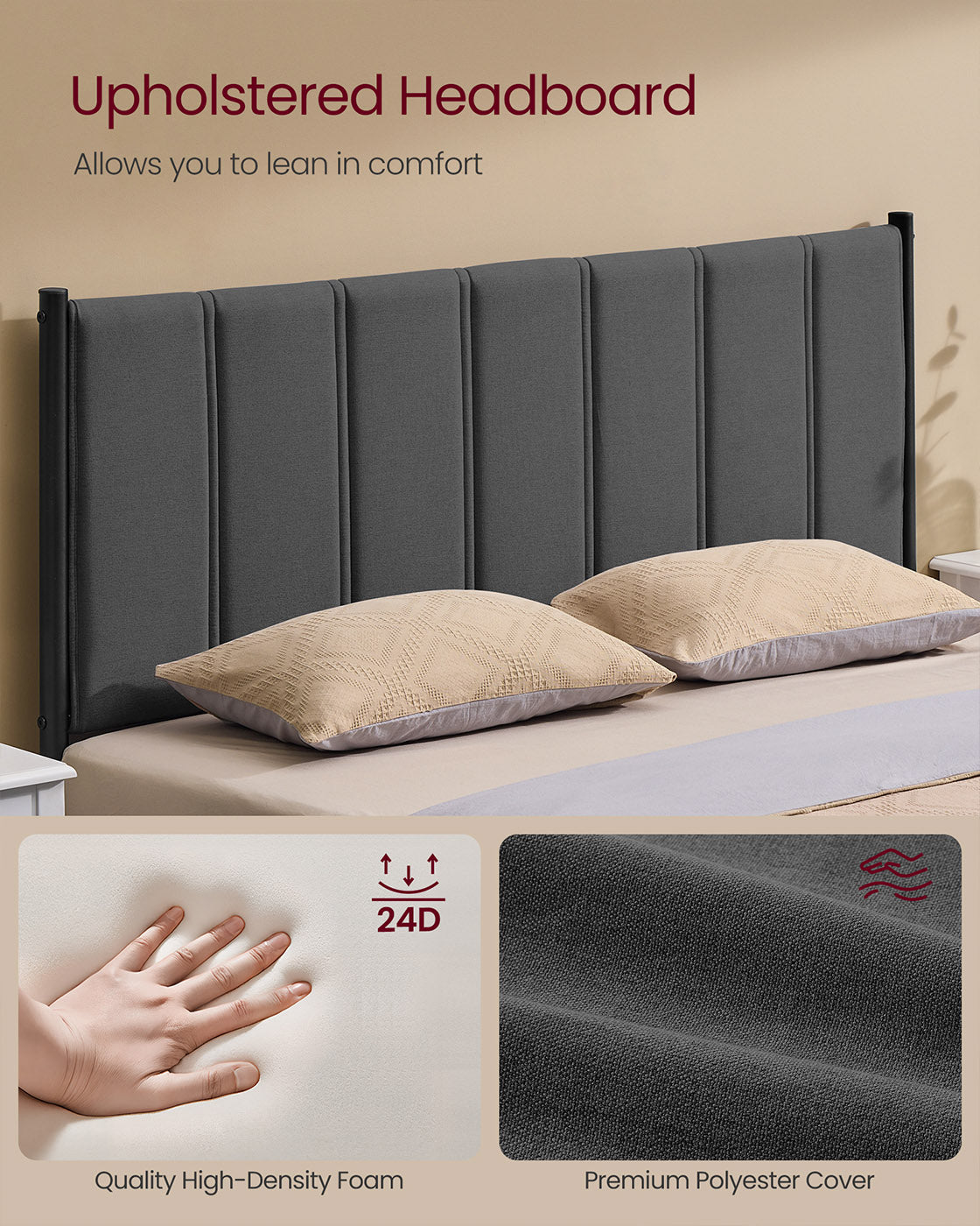 Double Bed Frame - Metal - Slate Grey - Upholstered Headboard