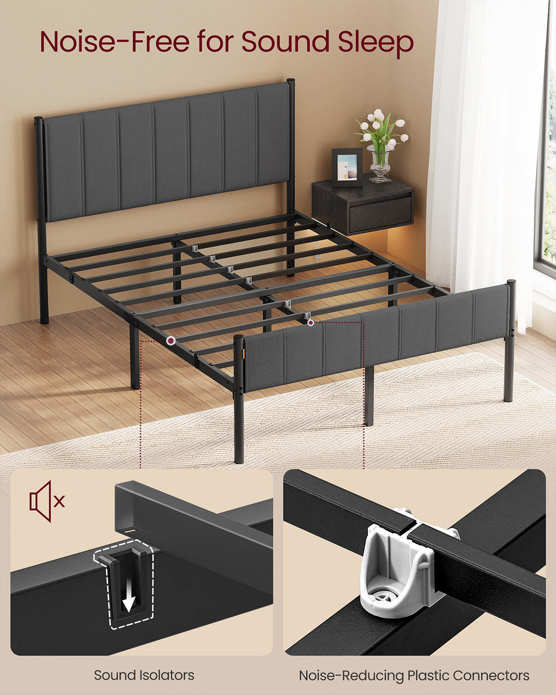 Double Bed Frame - Metal - Slate Grey - Upholstered Headboard