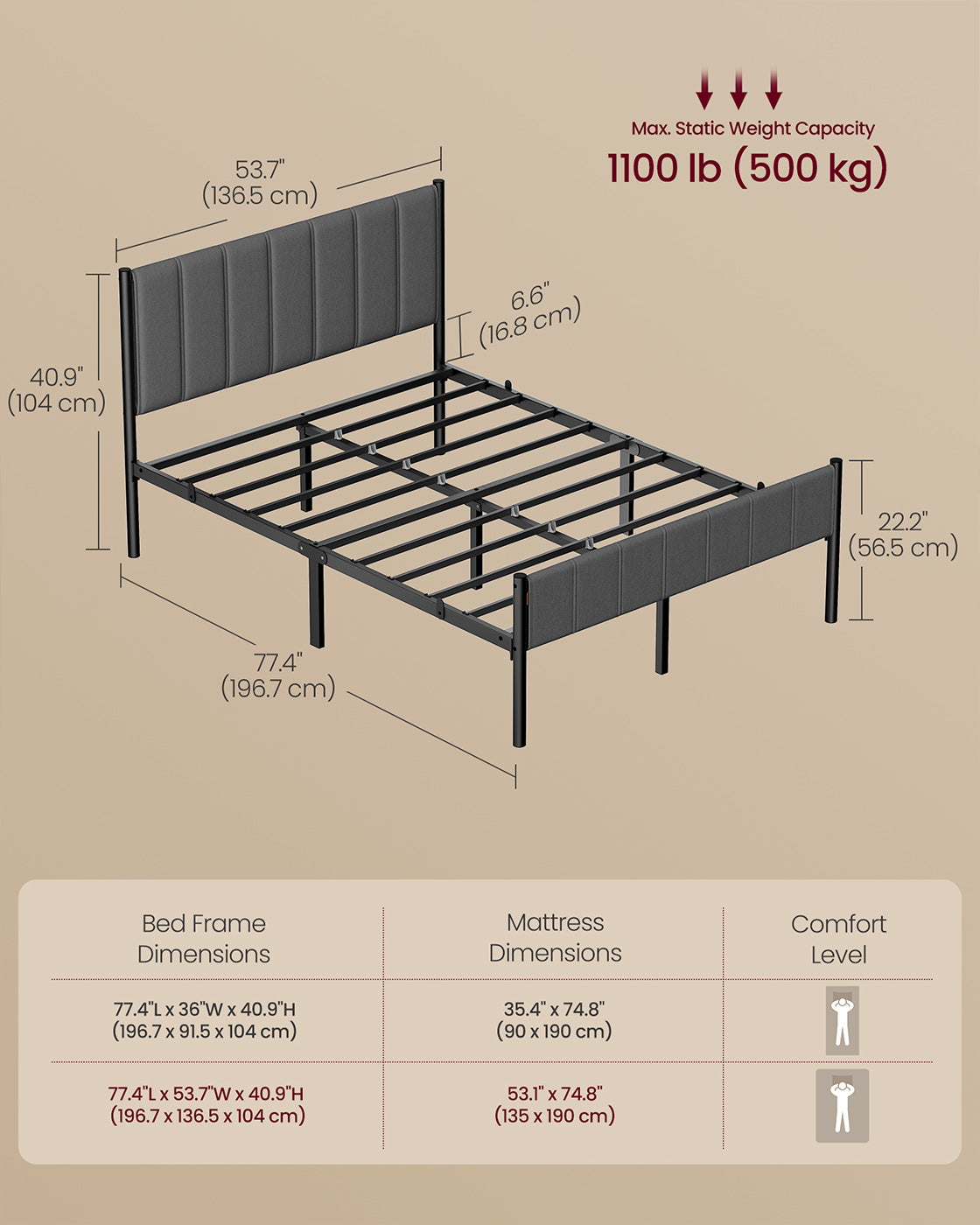 Double Bed Frame - Metal - Slate Grey - Upholstered Headboard