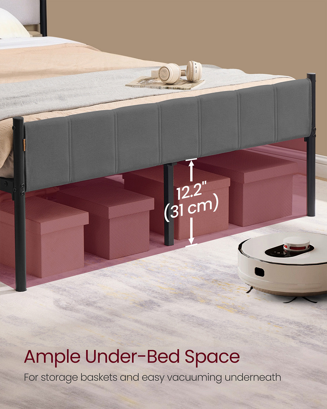 Double Bed Frame - Metal - Slate Grey - Upholstered Headboard