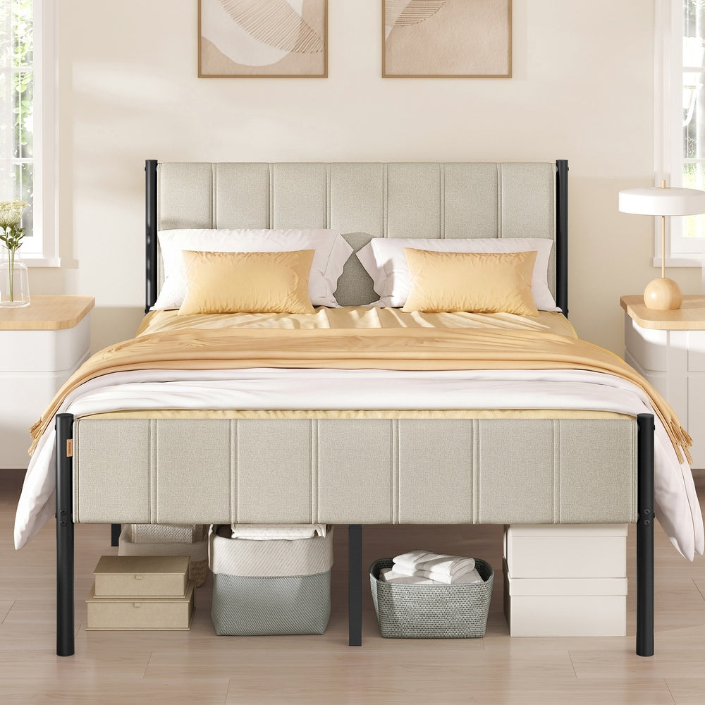 Bed Frame - Metal with LED and Charging Station - Cappuccino Beige