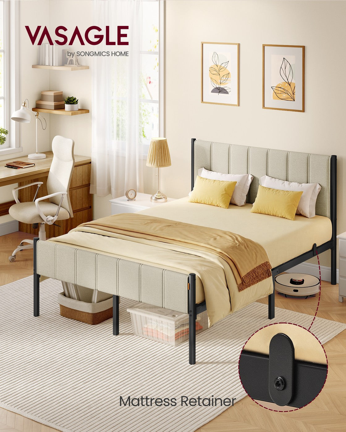 Bed Frame - Metal with LED and Charging Station - Cappuccino Beige
