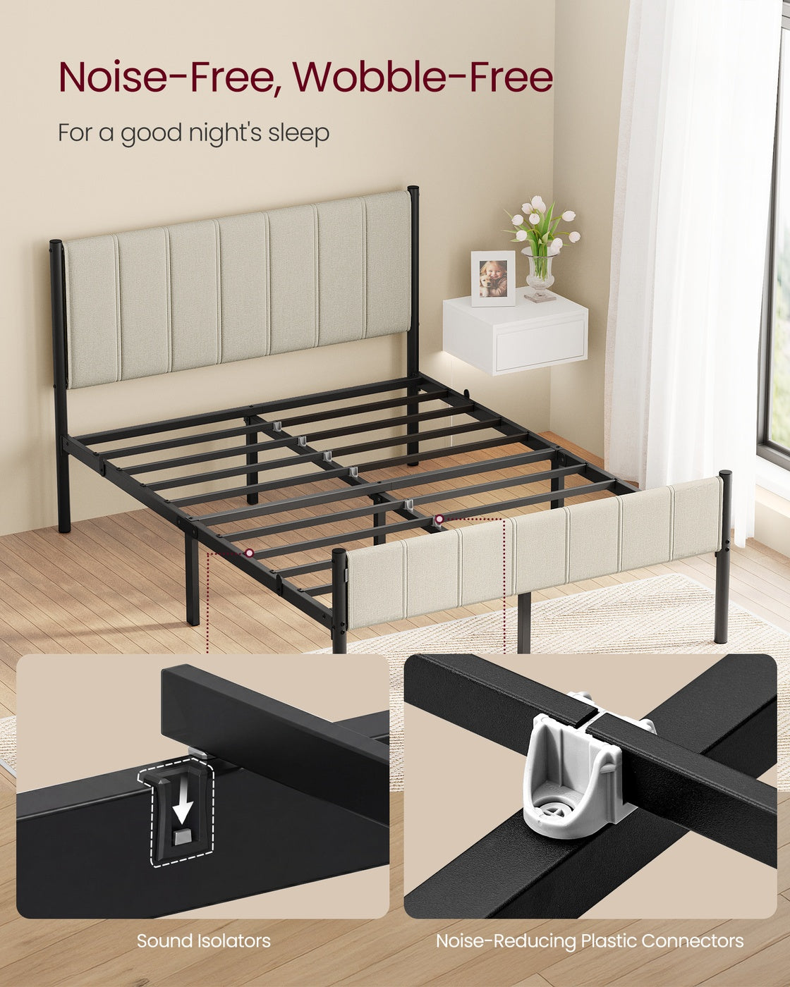 Bed Frame - Metal with LED and Charging Station - Cappuccino Beige