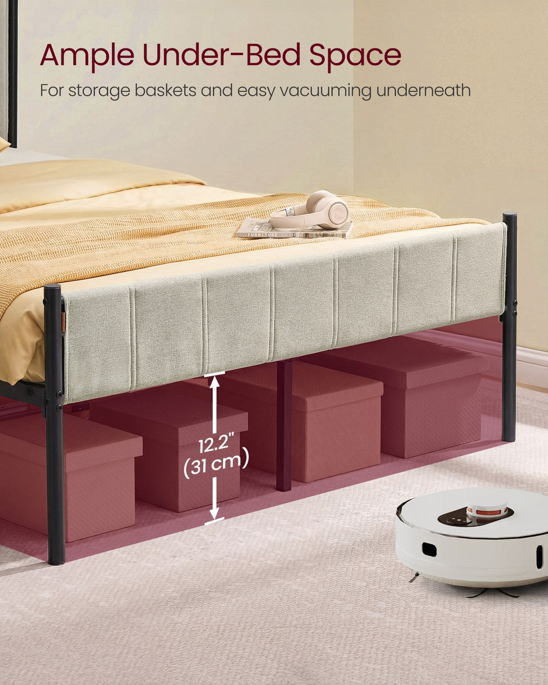 Bed Frame - Metal with LED and Charging Station - Cappuccino Beige