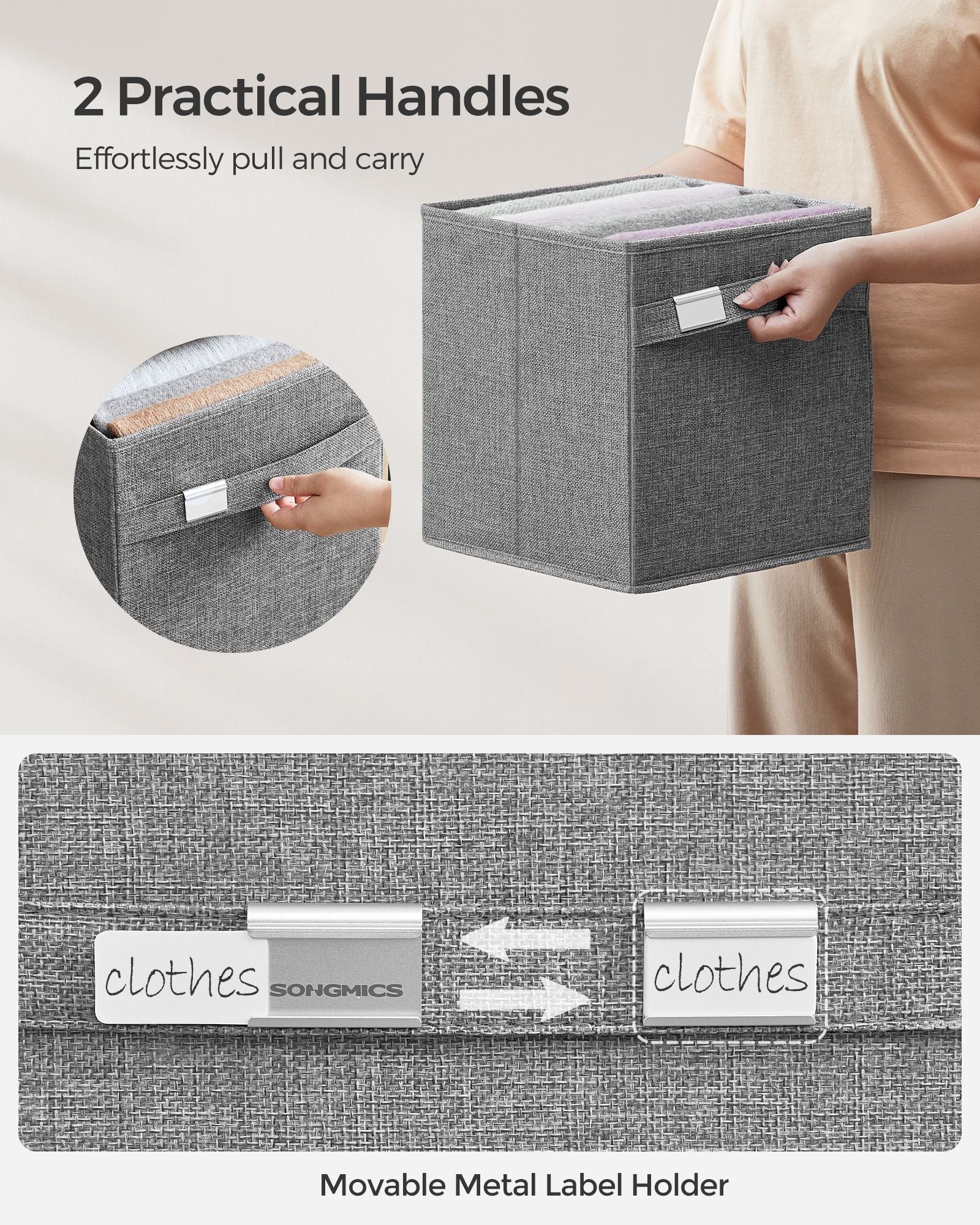 Set of 4 Foldable Storage Cubes - Oxford Fabric - Dove Grey - Washable with Metal Label Holders