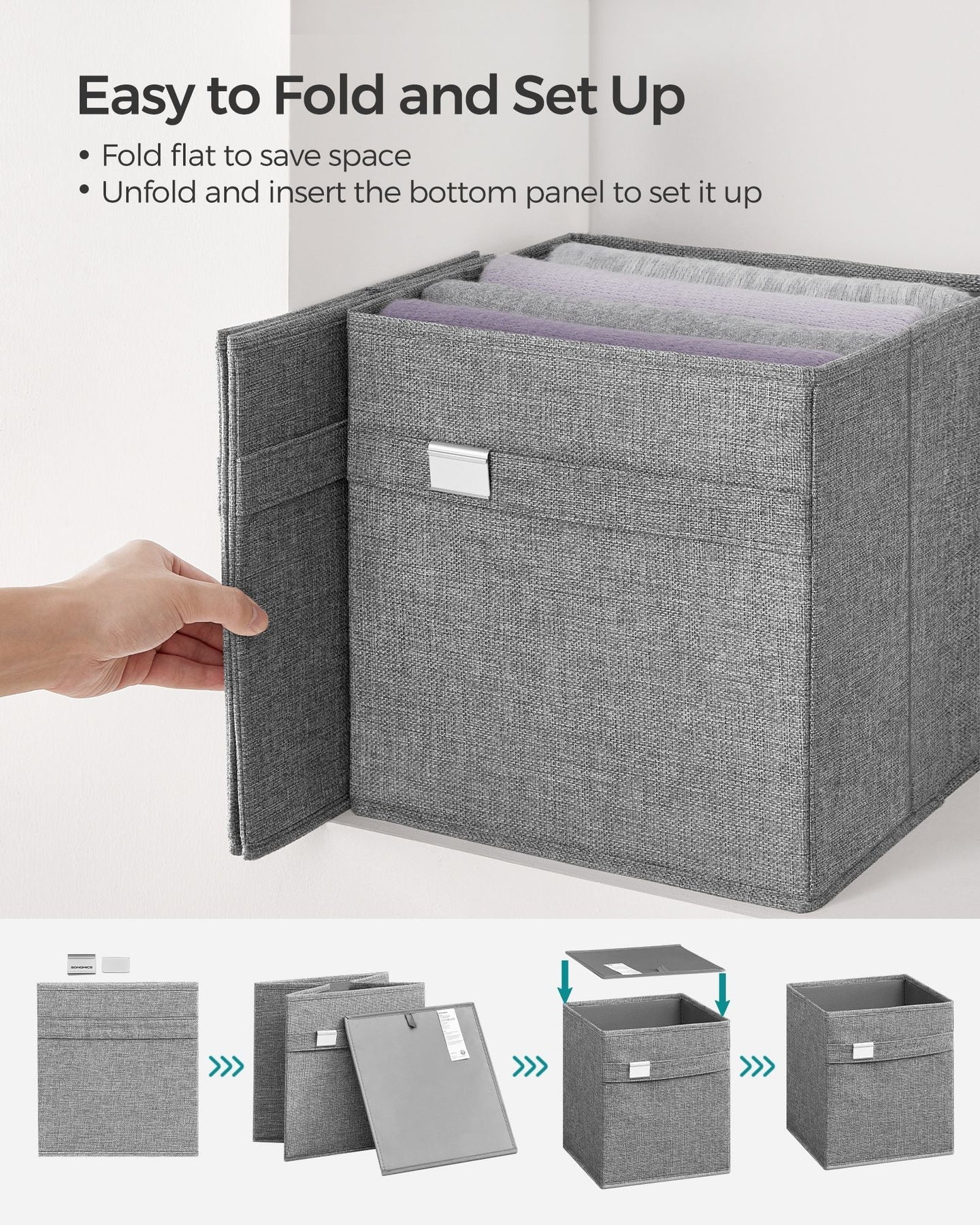 Set of 4 Foldable Storage Cubes - Oxford Fabric - Dove Grey - Washable with Metal Label Holders