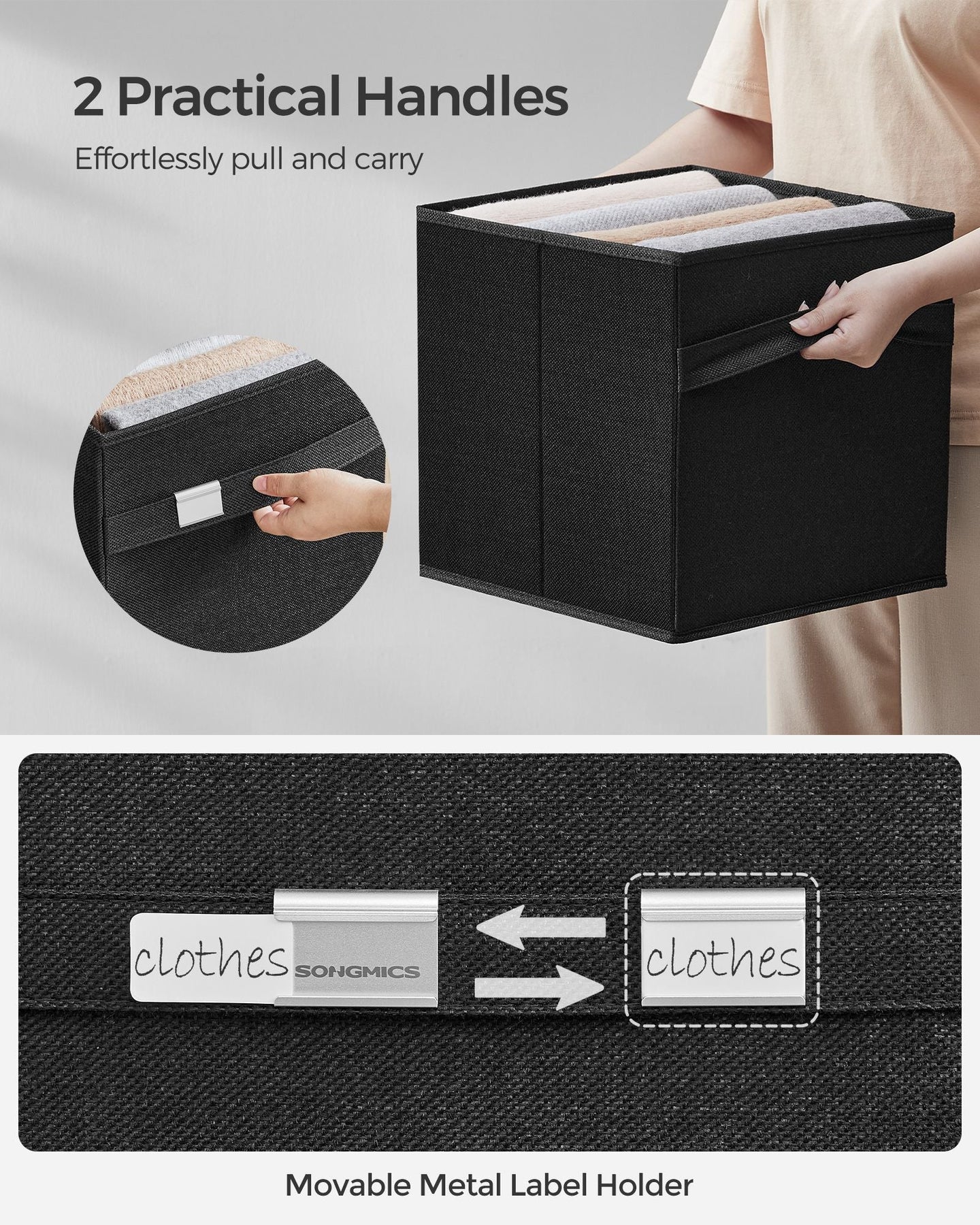 Set of 4 Foldable Storage Cubes - Oxford Fabric - Ink Black - Washable with Metal Label Holders