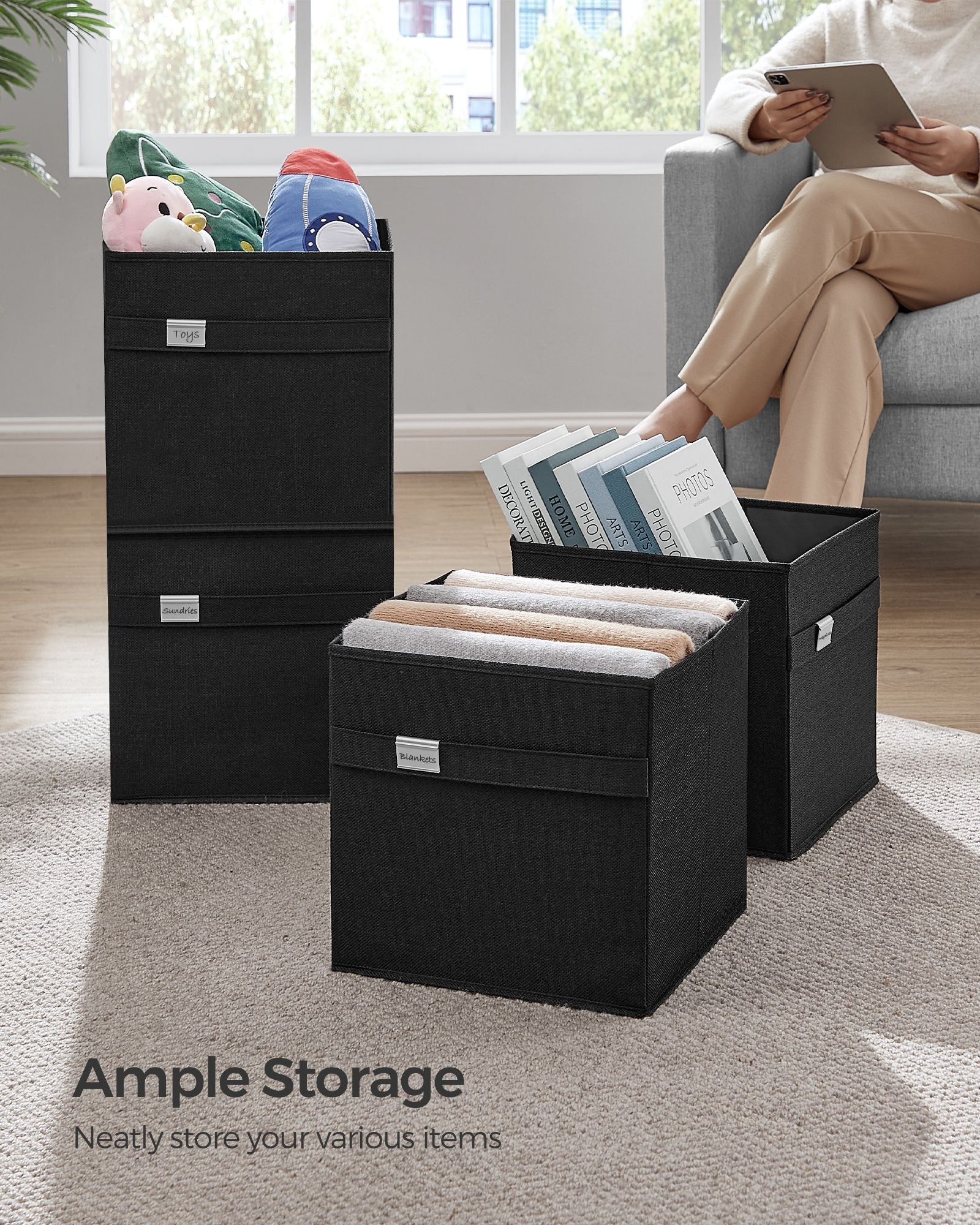 Set of 4 Foldable Storage Cubes - Oxford Fabric - Ink Black - Washable with Metal Label Holders