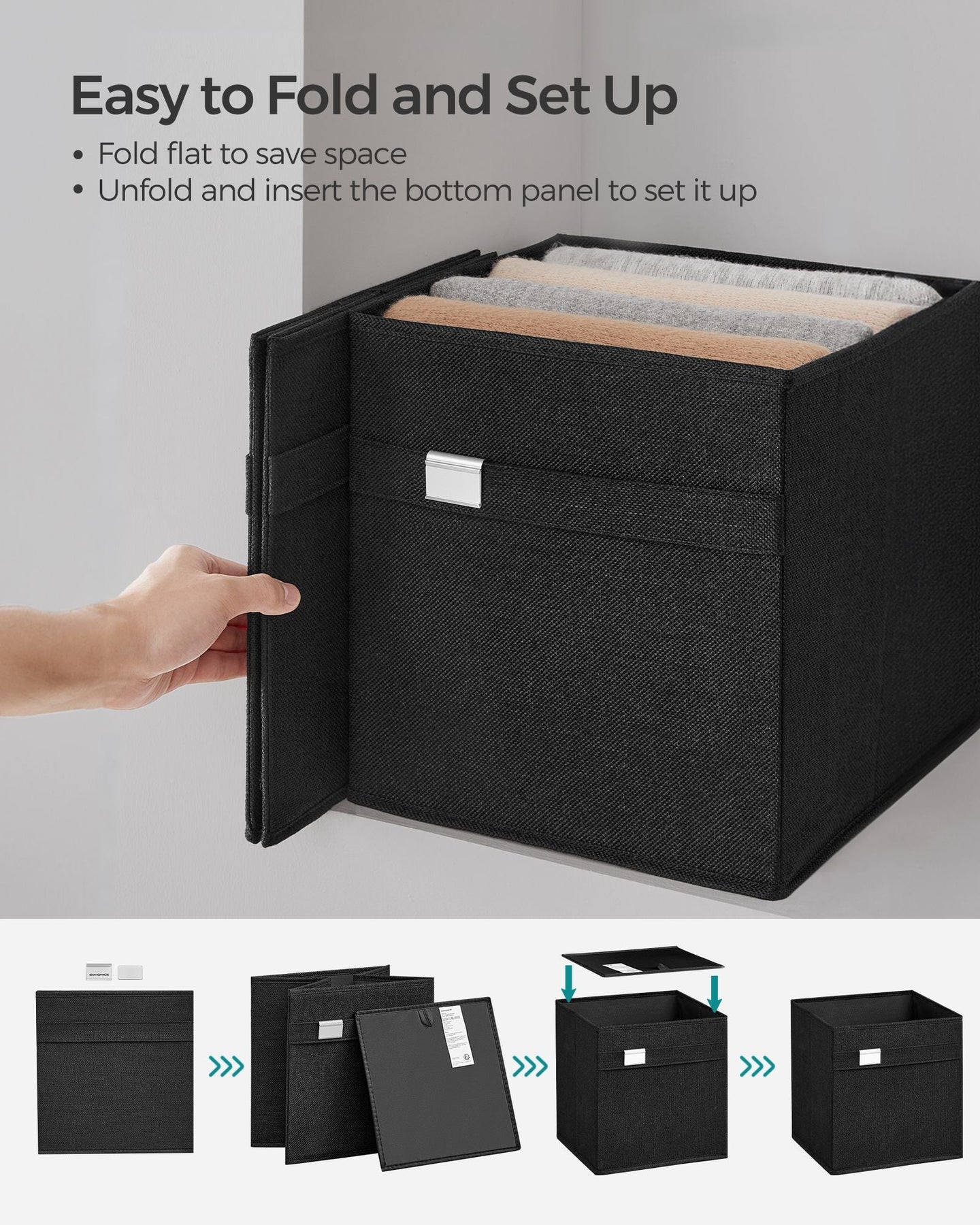Set of 4 Foldable Storage Cubes - Oxford Fabric - Ink Black - Washable with Metal Label Holders